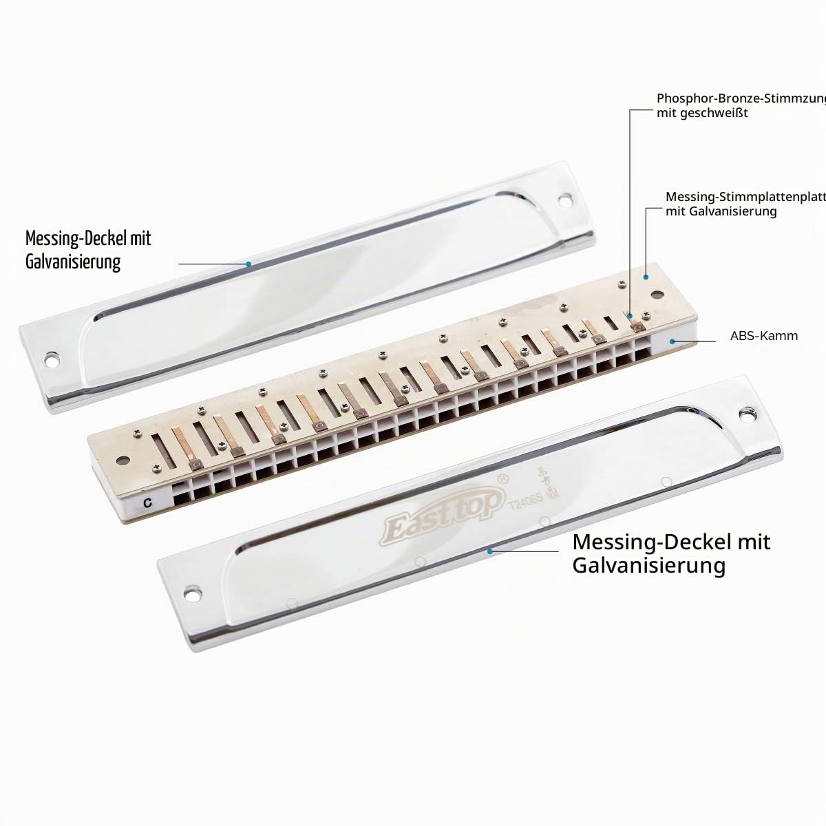 East Top Mundharmonika, Tremolo Mundharmonika Tonart C 24 Löcher T2406S Mundharmonika für Erwachsene, Profis, Anfänger und Studenten, als Geschenk (C)
