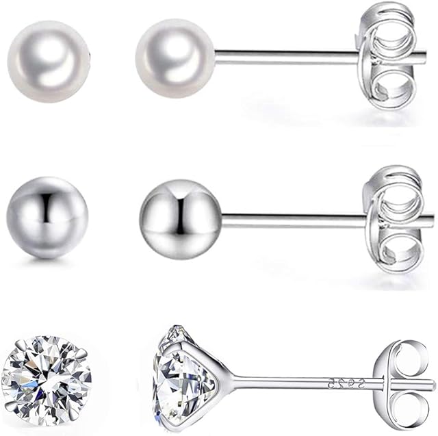 Shuxin Silver Stud Earrings for Women, 3 Pairs 925 Sterling Silver Cubic Zirconia & Ball & Pearl Stud Earrings Set, Small Sleeper Cartilage Studs, Come with Silver Butterfly Earring Backs, Size: 4mm