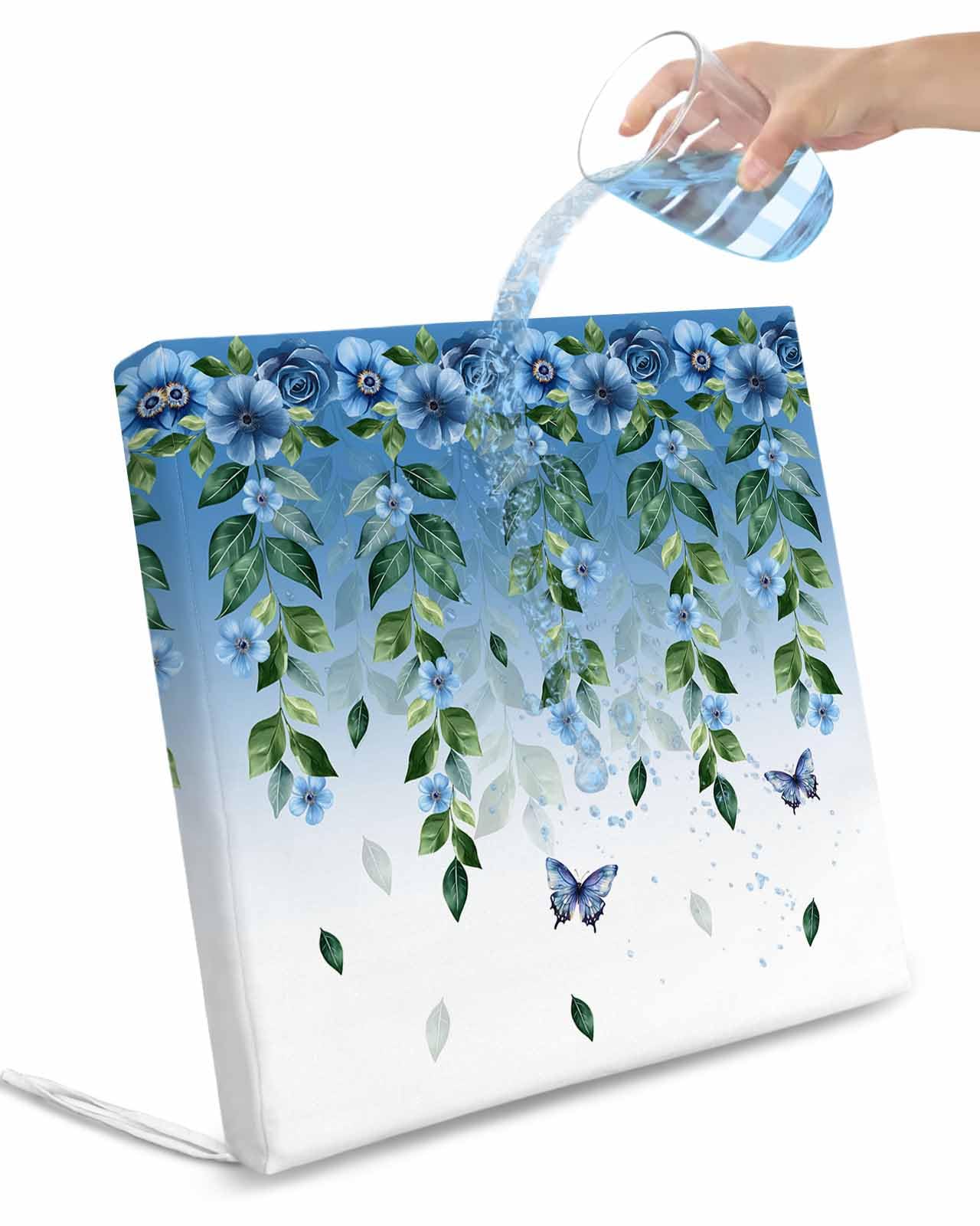 2 Pack Blue Floral Spring Waterproof Cushion Covers with Ties, Outdoor Patio Chaise Lounge Chair Seat Cushion Slip Covers Replacement(Only Cover) Summer Pastoral Botanical Butterfly 20