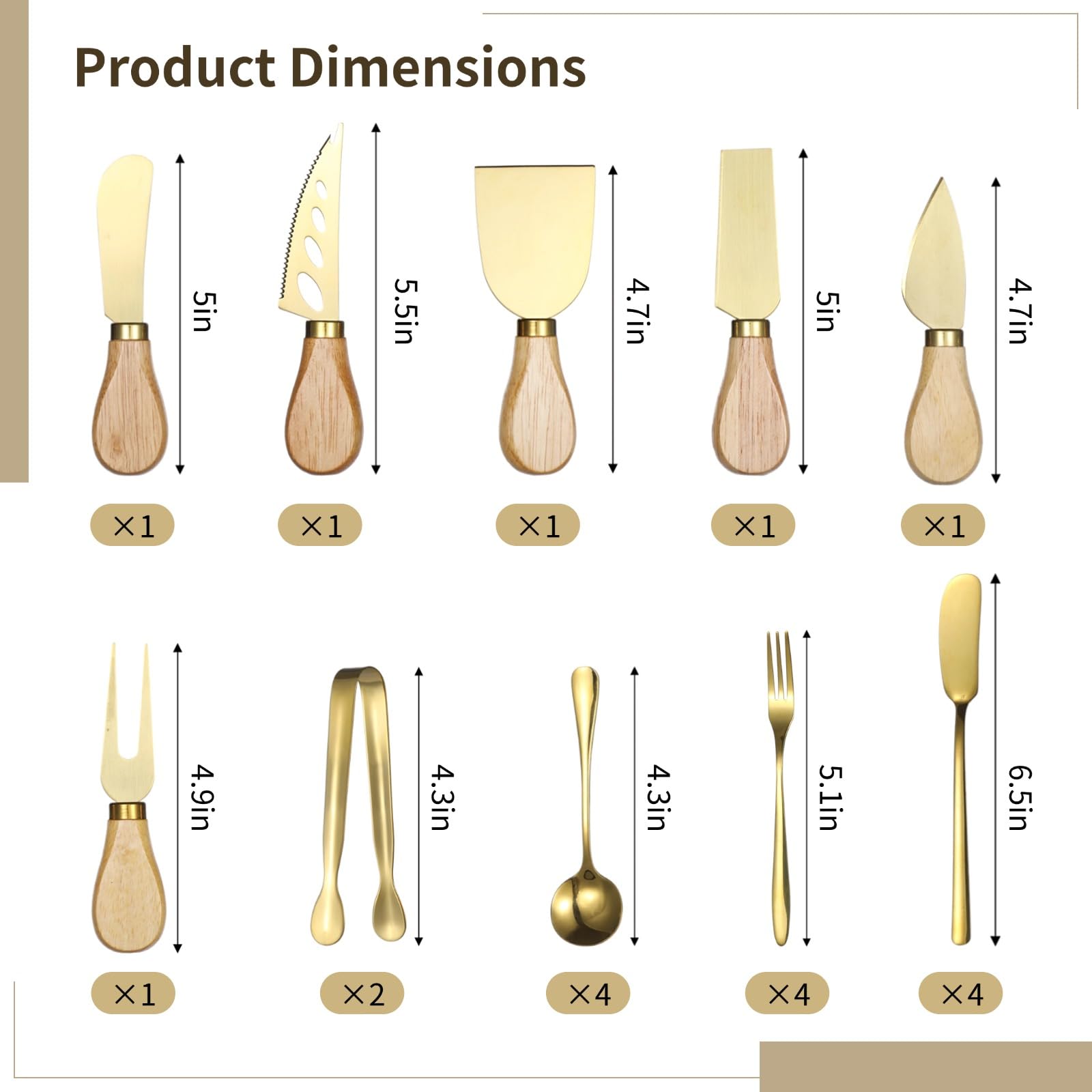 Accessoires pour plateau de charcuterie, lot de 20 pièces, 6 couteaux à fromage avec cuillères, fourchettes, tartineurs et pinces de service, ustensiles à manches en bois pour beurre et fromage
