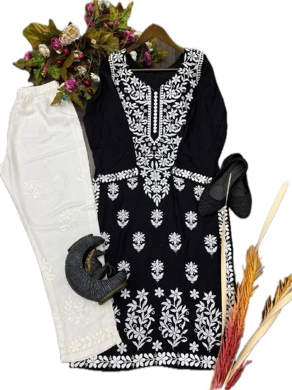 Image of Embroidered Chikan Kurta with pant ethnic Indian wear- Lucknow Chikankari, traditional chikankari