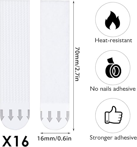 Miniatura 2 de 16 pares (32 tiras) sin clavos para colgar cuadros, tiras resistentes para colgar cuadros, cinta extraíble de gancho y bucle, sin daños para colgar