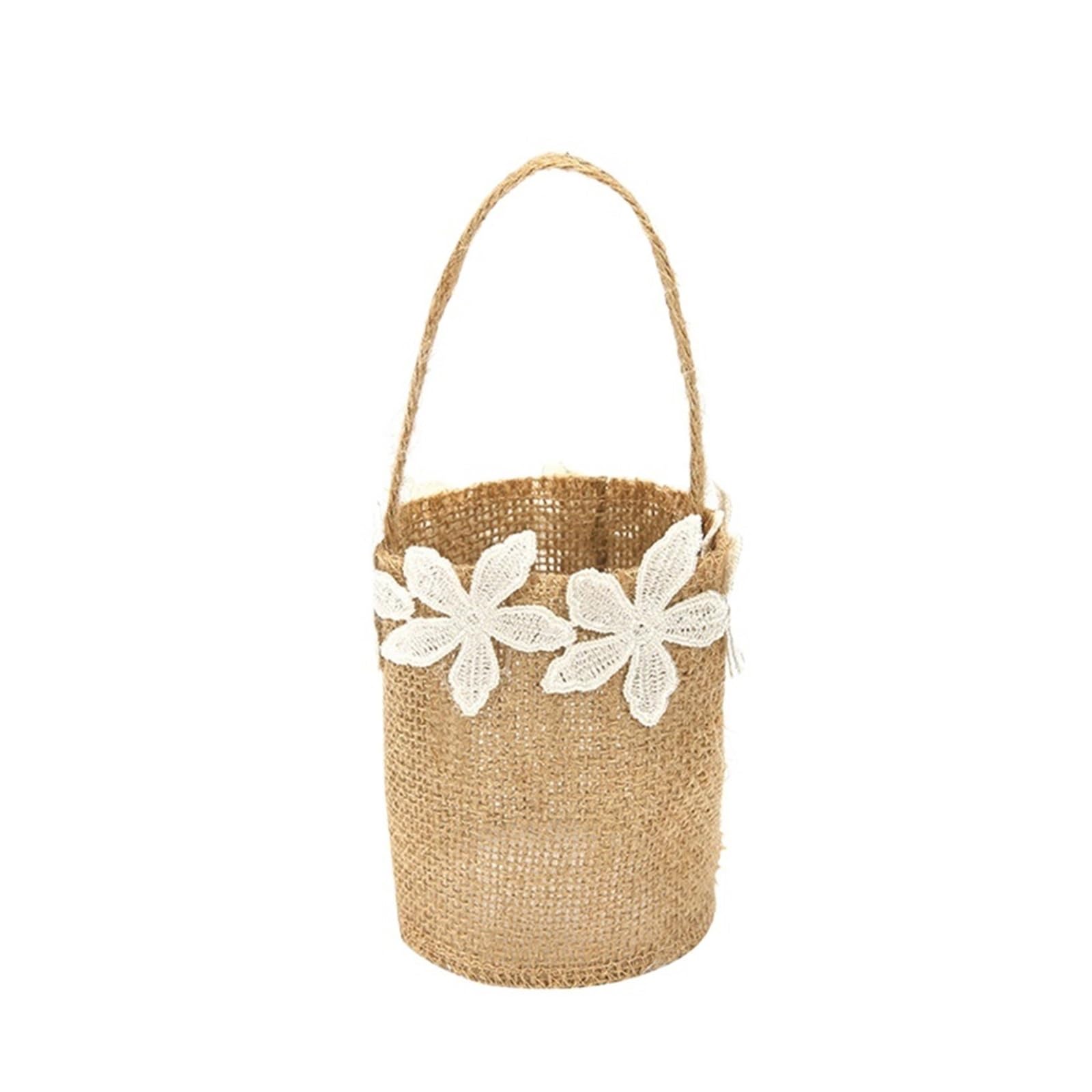 Hamper Basket 3pcs Romantic Burlap Jute Flower Basket Ring Box Rustic Wedding Flower Girl Basket(Brown4)