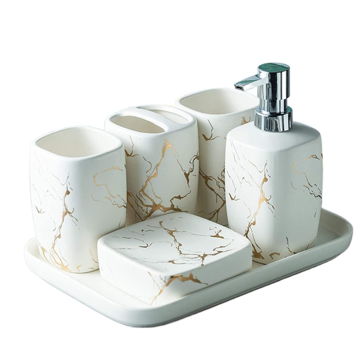Badzubehör Set Badezimmer Zubehör Set Badezimmer-Accessoires-Set Mit Marmormuster, Luxuriöses Keramik-Badezimmer-Set, Bad-Ornament Für Einweihungsgeschenk Badezimmer Set ( Blue : Blanc , Size : 6pcs )