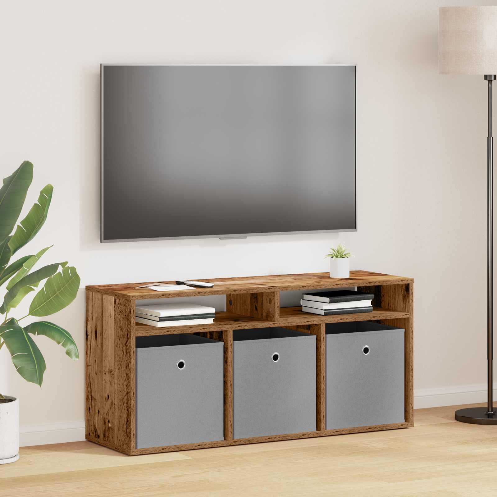 Mobile basso con cassetti, effetto legno anticato, larghezza 102 cm, mobile TV con 3 cassetti e 2 ripiani, credenza per soggiorno, mobile multimediale vintage in legno