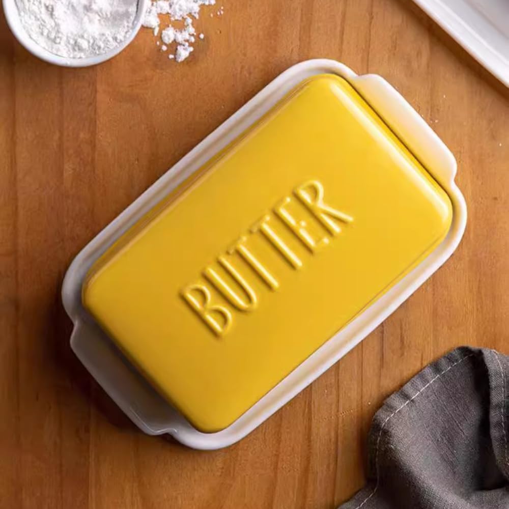 Mantequera cubierta de porcelana con tapa para encimera, contenedor de mantequilla para una barra de mantequilla. Bandeja texturizada para almacenamiento antideslizante, color amarillo, pequeño