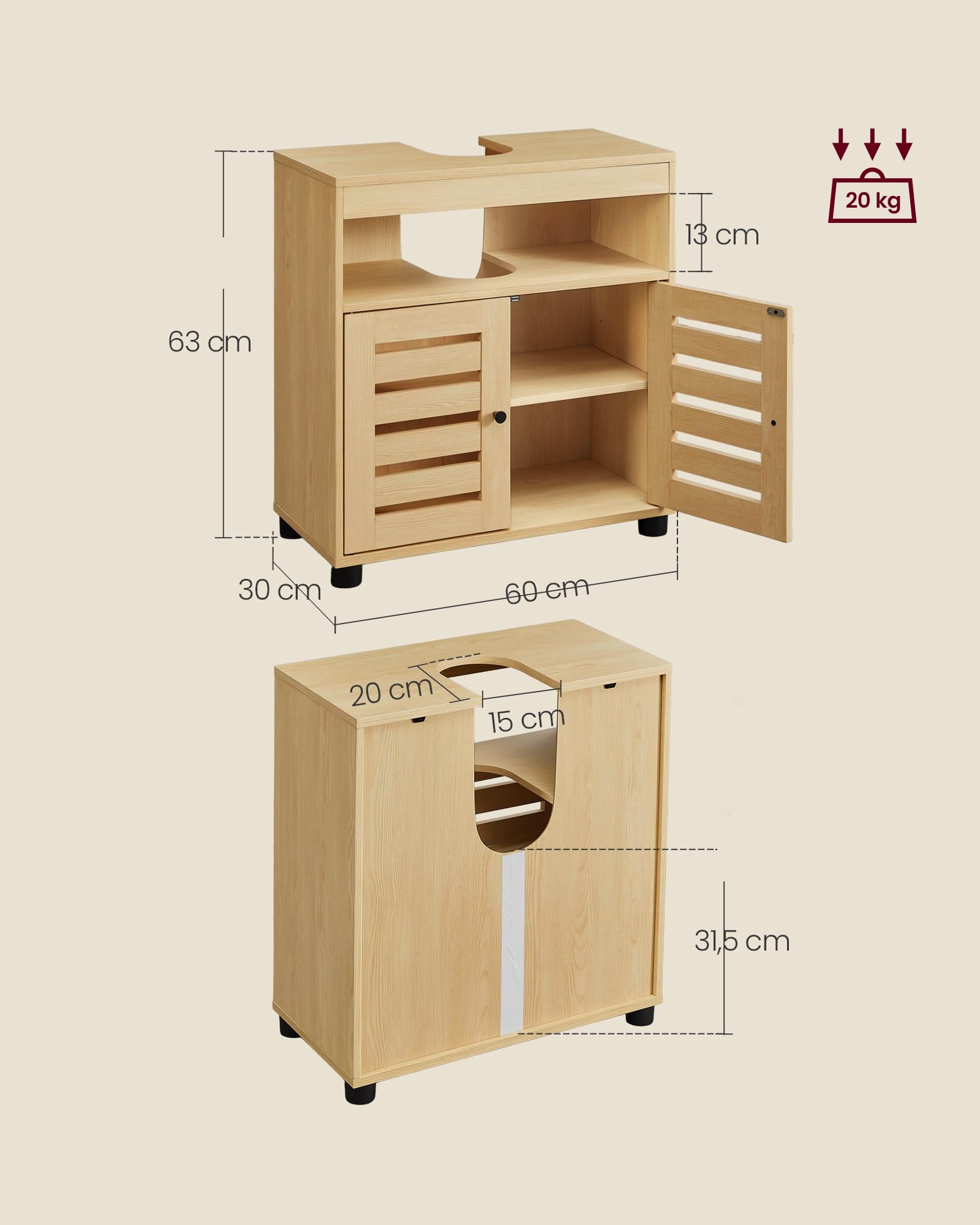 VASAGLE BBK004YJ01 szafka pod umywalkę, 30 x 60 x 63 cm, szafka łazienkowa, do umywalki bez kolumny, 2 drzwi lamelowe, regulowany poziom regału, kolor migdałowy