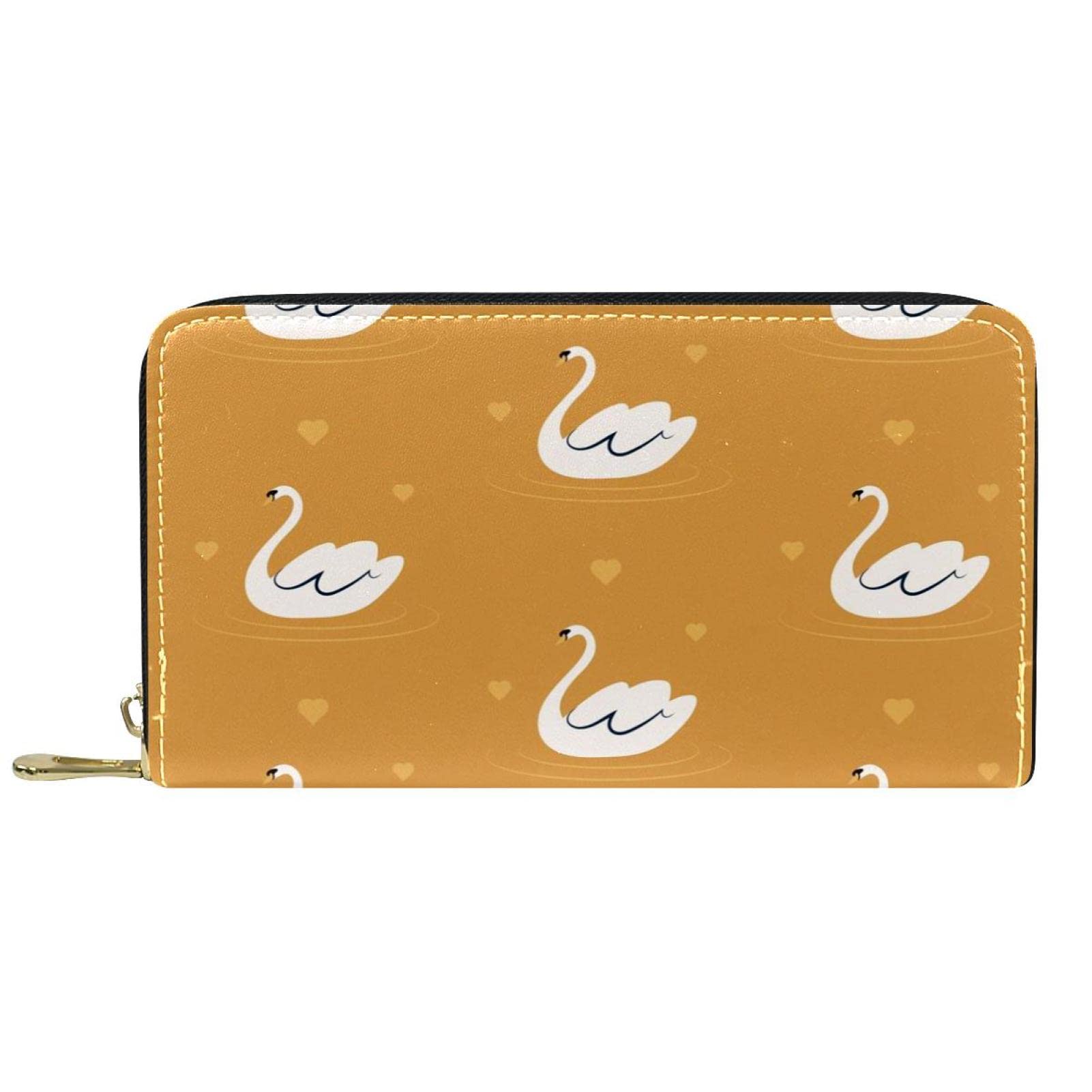 Cartera de piel con cremallera de cuero y fondo amarillo con patrón de cisne blanco, Varios colores, 20.5x2.5x11.5cm/8.07x1x4.53 in, Classic