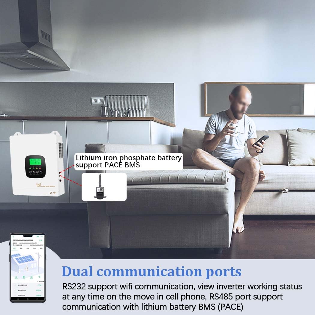 Y&H 10.3KW 48VDC On/Off-Grid Solar Hybrid Wechselrichter AC220V MPPT 180A Solar Ladegerät Max Dual PV Input 2x6000W 500V Input Dual Kommunikation für WiFi,PACE BMS