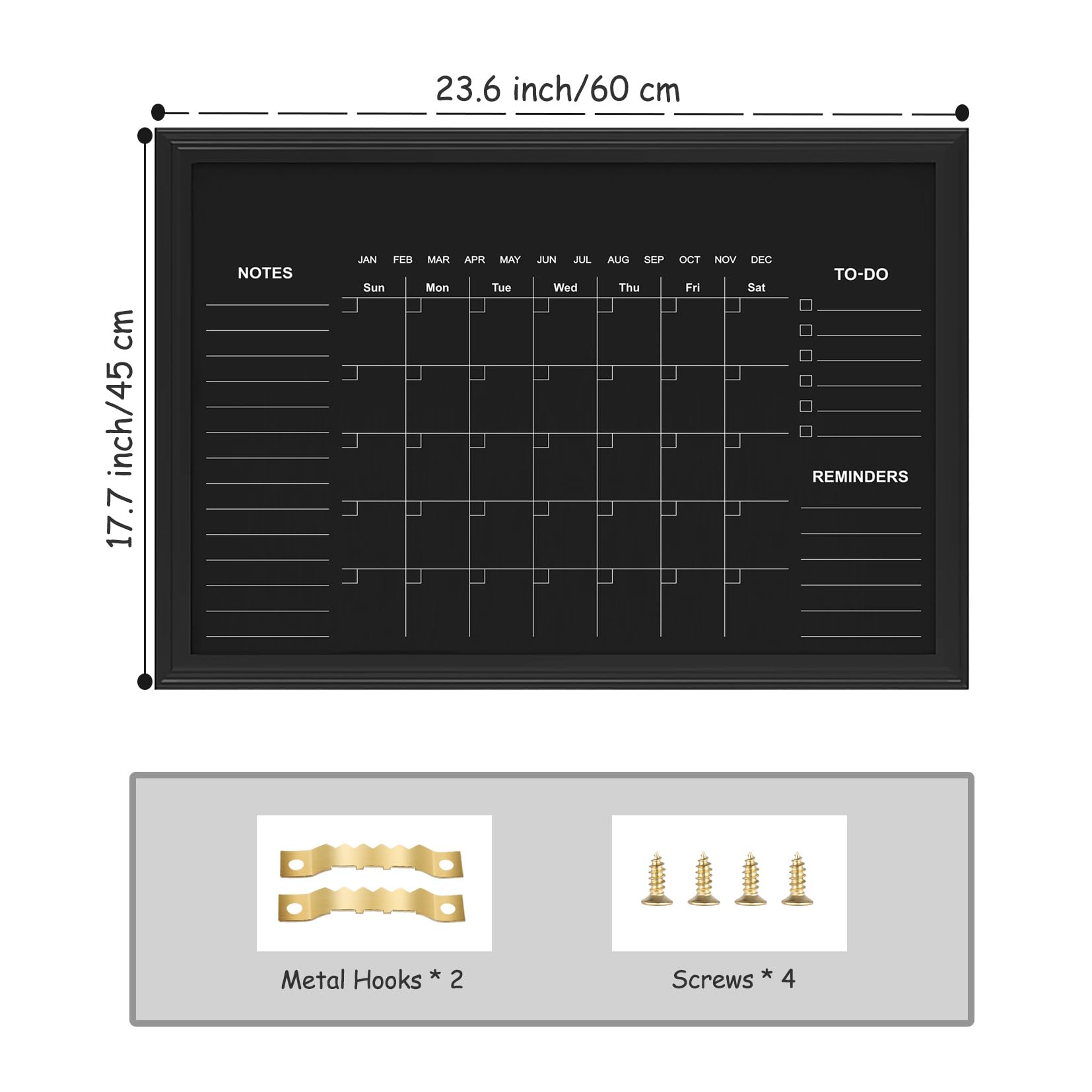 Magnetischer Kreidetafel-Kalender, 45 x 60 cm, Monats- und Wochenkalender, Kreidetafel für Wand, Familienplaner, Schwarz (Family-HB-4560)