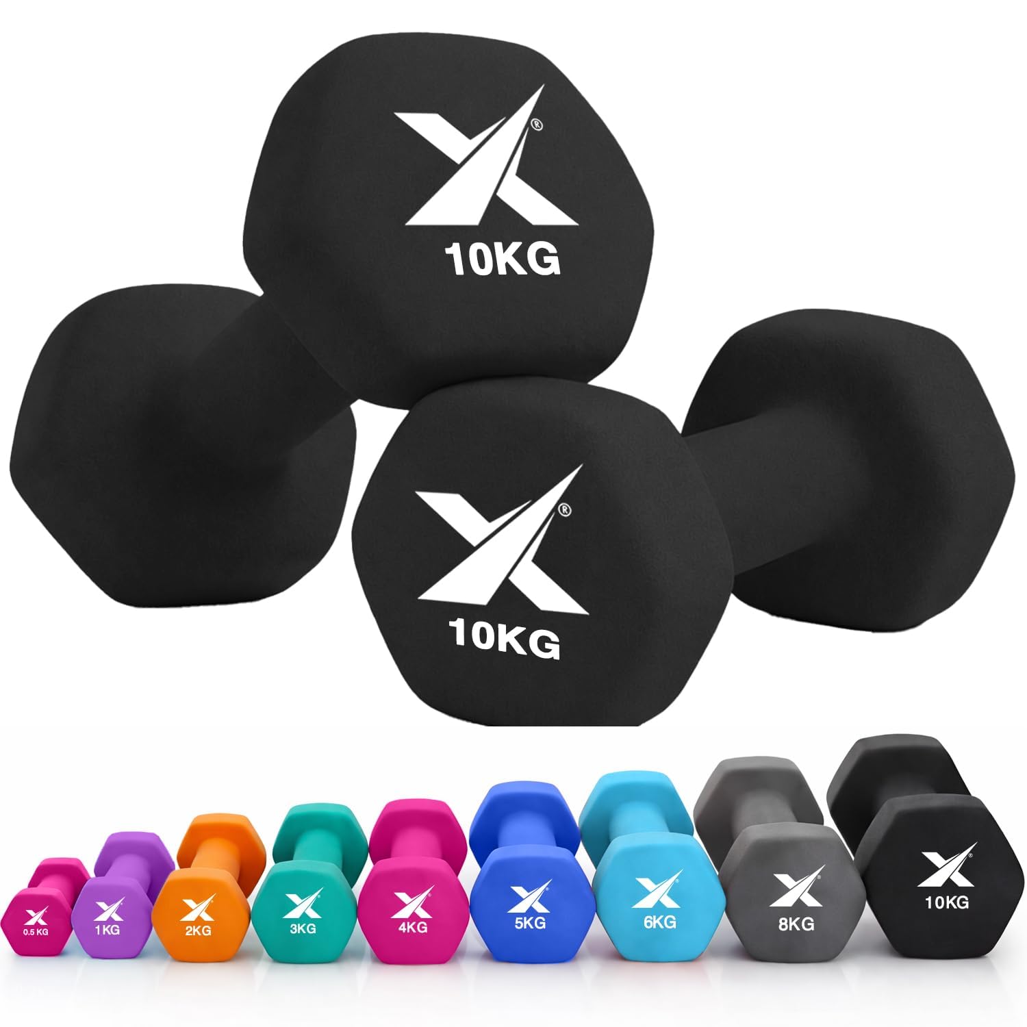 XN8 Neoprene Dumbbell Set, Non-Slip Dumbbells Pair of 0.5kg–10kg Hand Weights, Home Gym Strength Training Weights for Men & Women, Aerobics, Pilates, Body Toning, Arm, Biceps & Fitness Exercises