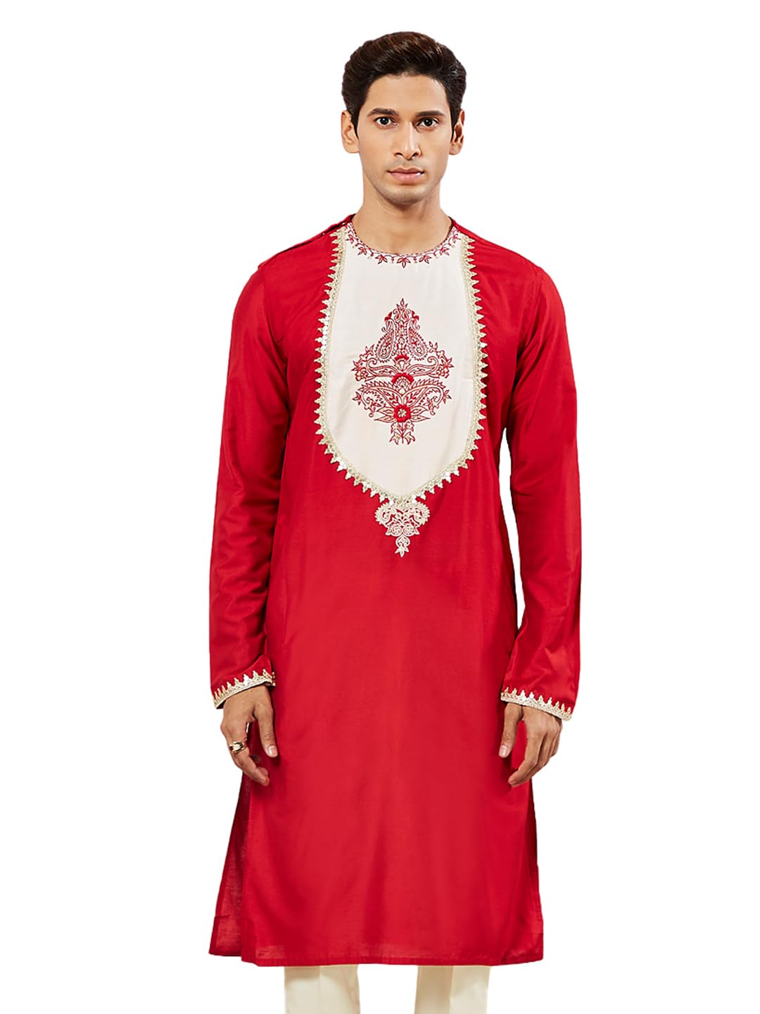 vastramay Men's Red Viscose Kurta | Secuenced Patchwork Kurta for Men.-picture-20