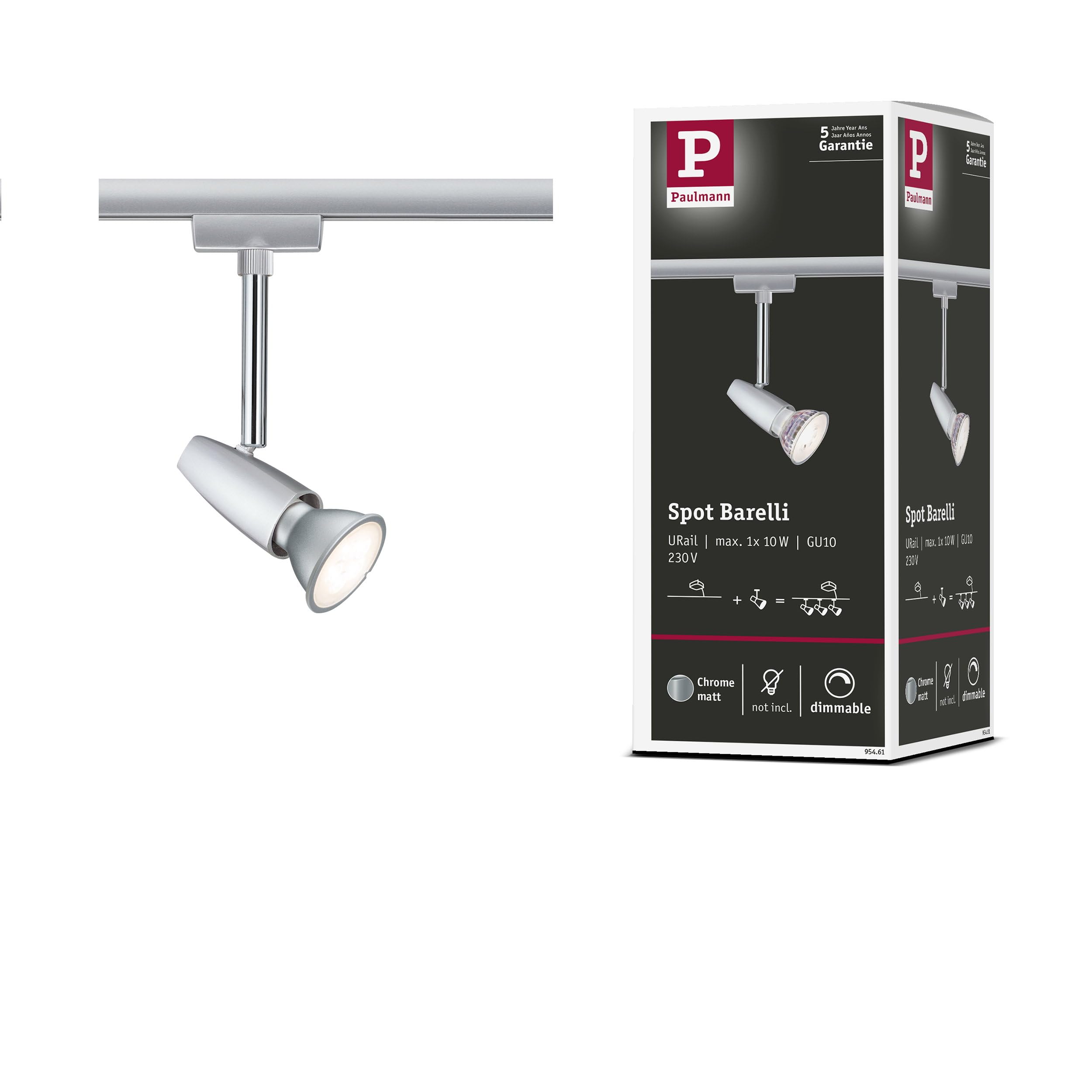 Paulmann 95461 URail Schienenspot Barelli Einzelspot GU10 max. 10W dimmbar 230V Chrom matt, Chrom Schienensystem - Leuchtmittel frei wählbar
