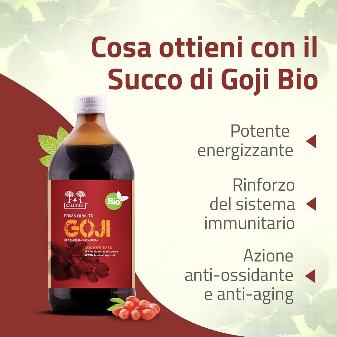 SUCCO DI GOJI BIO Salugea - 100% Puro e Naturale - Integratore energizzante e saziante, ricco di vitamine, sali minerali e aminoacidi - 500 ml - Flacone in vetro scuro farmaceutico