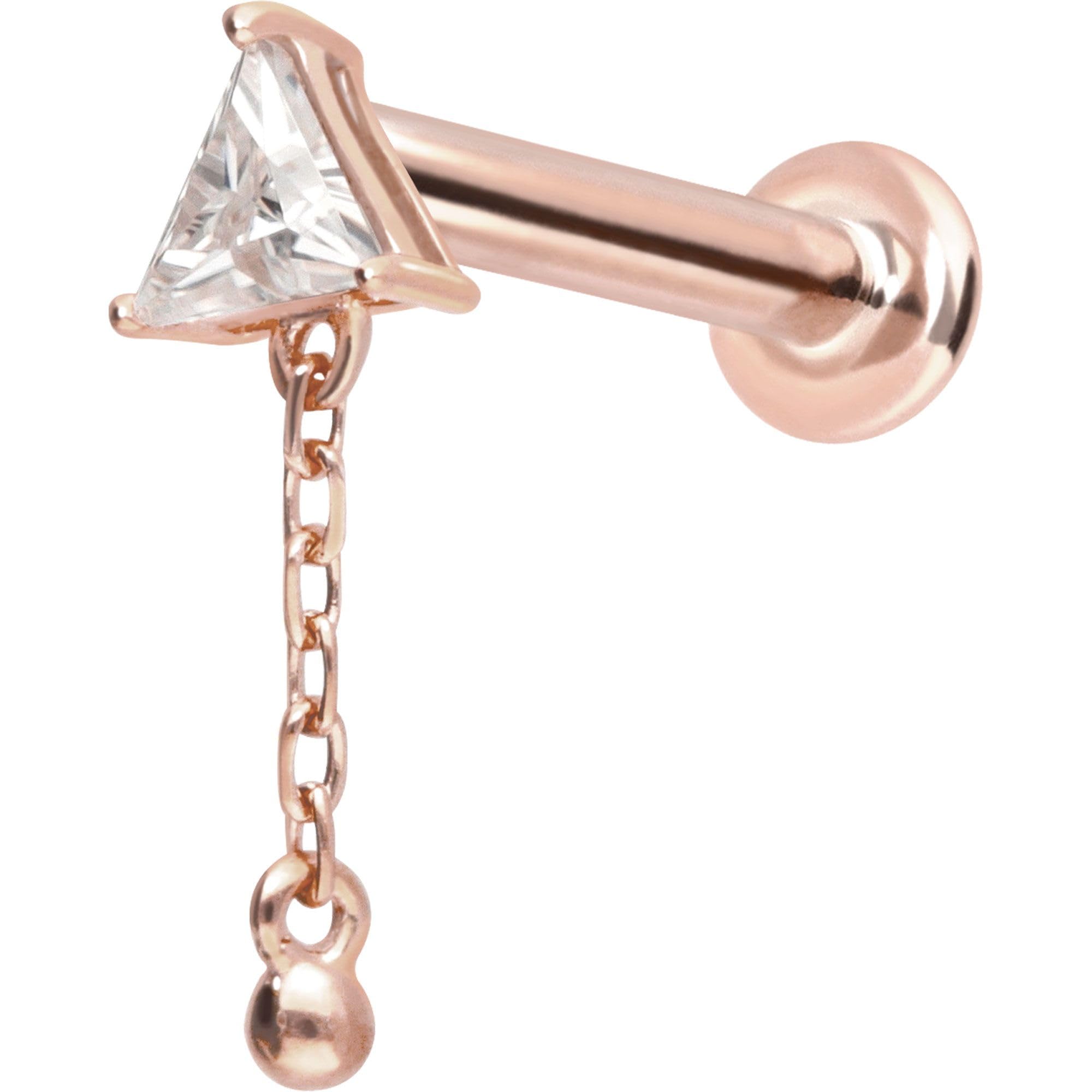 PIERCINGLINE Piercing Stecker 14 Gold Labret mit Innengewinde MOISSANIT-DREIECK + KETTE 585er Gold - Roségoldfarben, Goldfarben, Silberfarben