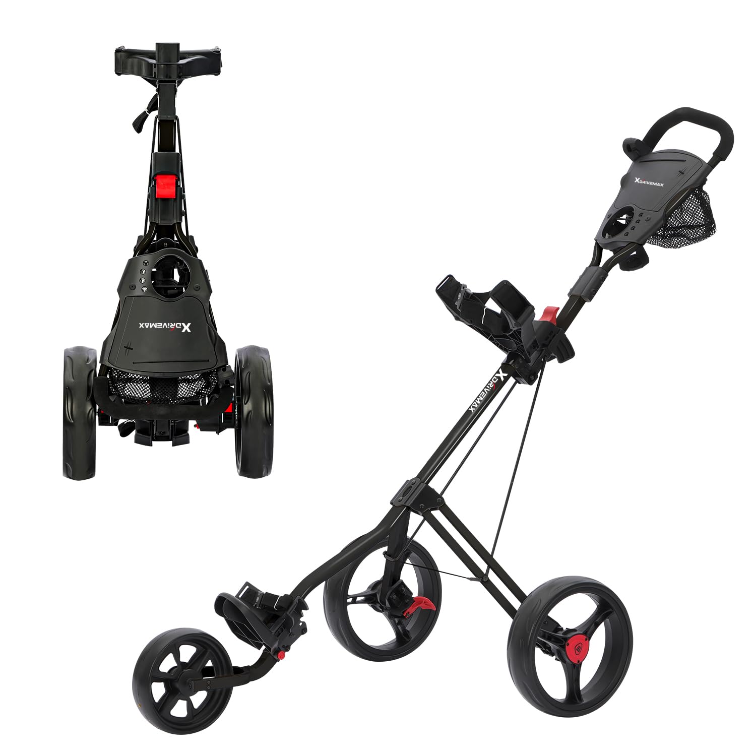 XDriveMax Golf Trolley 3 Rad,Golftrolley Klappbar,Leichter Golf Trolleys für Golfschläger und Golfbag, mit Getränkehalter,Scorekartenhalter und Ablagefach(schwarz)