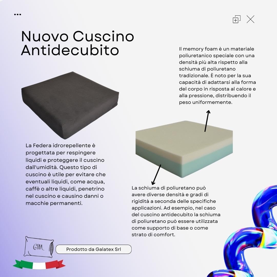 GM Cuscino antidecubito per sedia a rotelle 42x42x8 cm cuscino antidecubito per sedia in Memory foam e poliuretano cuscino carrozzina poltrona per anziani Made in Italy (Nero)