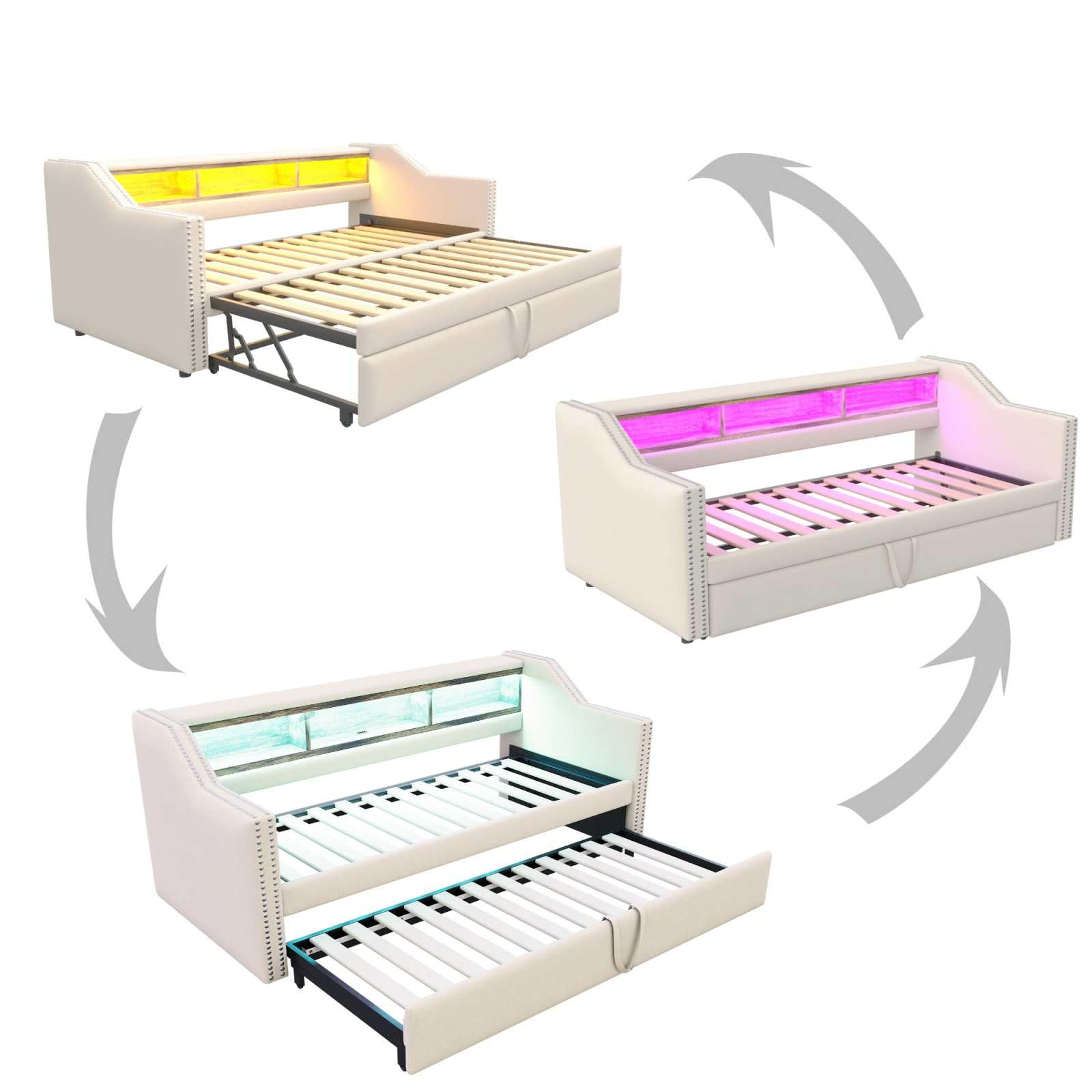 YEHTOKHOME Lit rembourré 90/180x190cm,canapé-lit Extensible avec lumière LED Multicolores et 2 USB Port de Charge, Multifonctionnel Compartiment de Rangement(sans Matelas) (Beige)