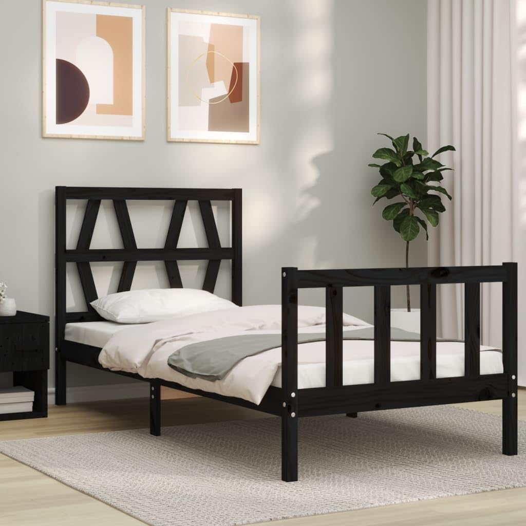 lite drewno sosnowe z wezgłowiem i zanóżkiem 75x190 cm czarny | Rama łóżka z wezgłowiem i zanóżkiem, czarna, lite drewno sosnowe, 195,5x80,5x100 cm, listwy ze sklejki, do sypialni, bez