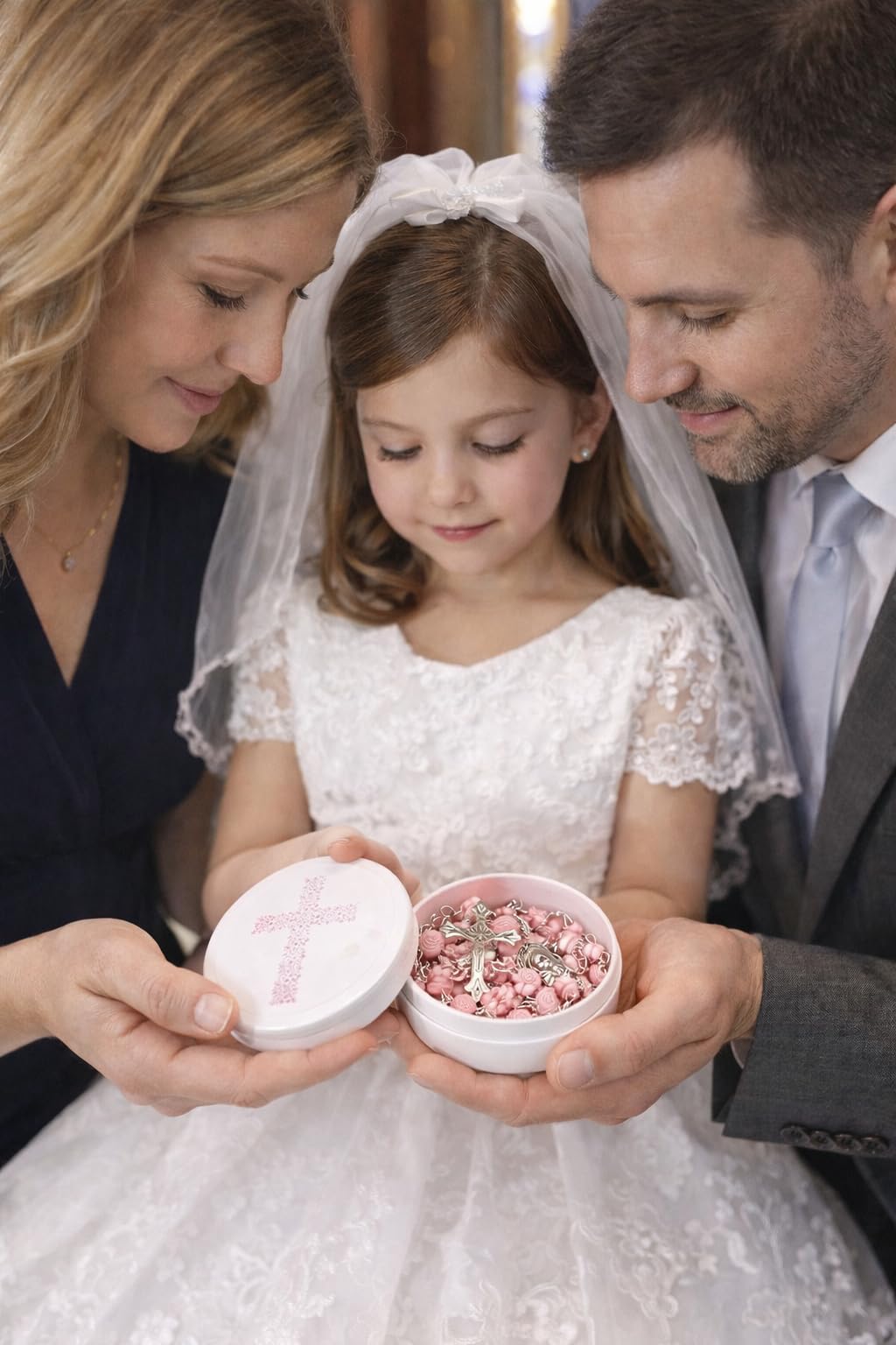 Westmon Works First Communion Rosary Set for Girls with Pink Rose Shaped Bead Case and Holy Card