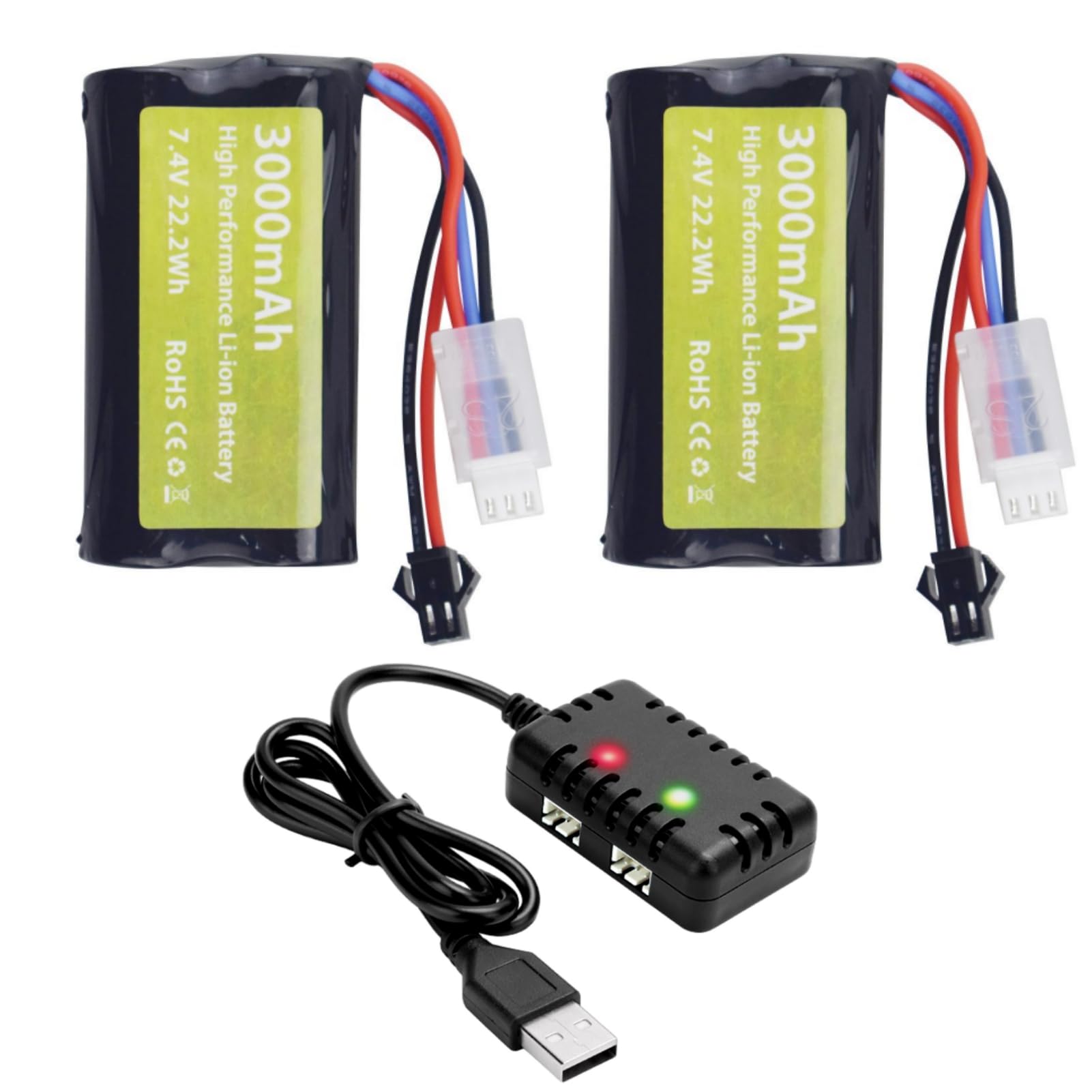 2PCS 7.4V 3000mah 15C 2S Batterie Lithium-ION Prise SM-2P et 1PCS Chargeur 2 en 1 pour H105 H103 H101 Télécommandé MN D99 D99s D90 D91 Véhicule RC Véhicule Batterie de véhicule