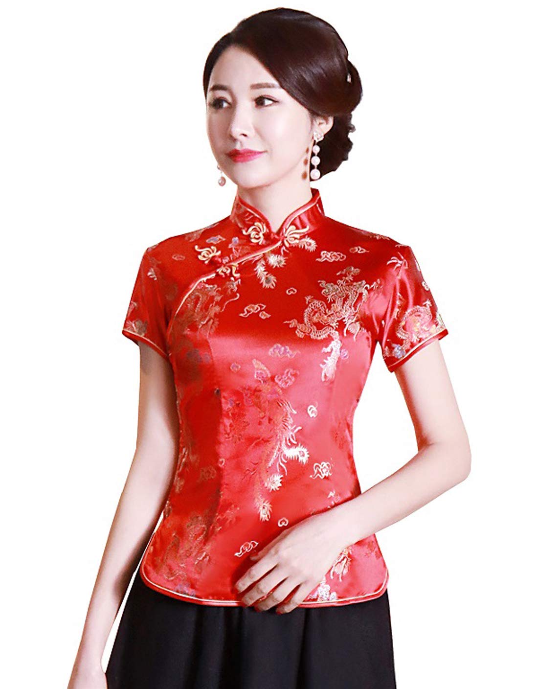 XueXian Women's Dragon Phoenix Satin Brocade Qipao Top Mandarin Collar Chinese Shirt Blouse Tang Suit (8, Red)