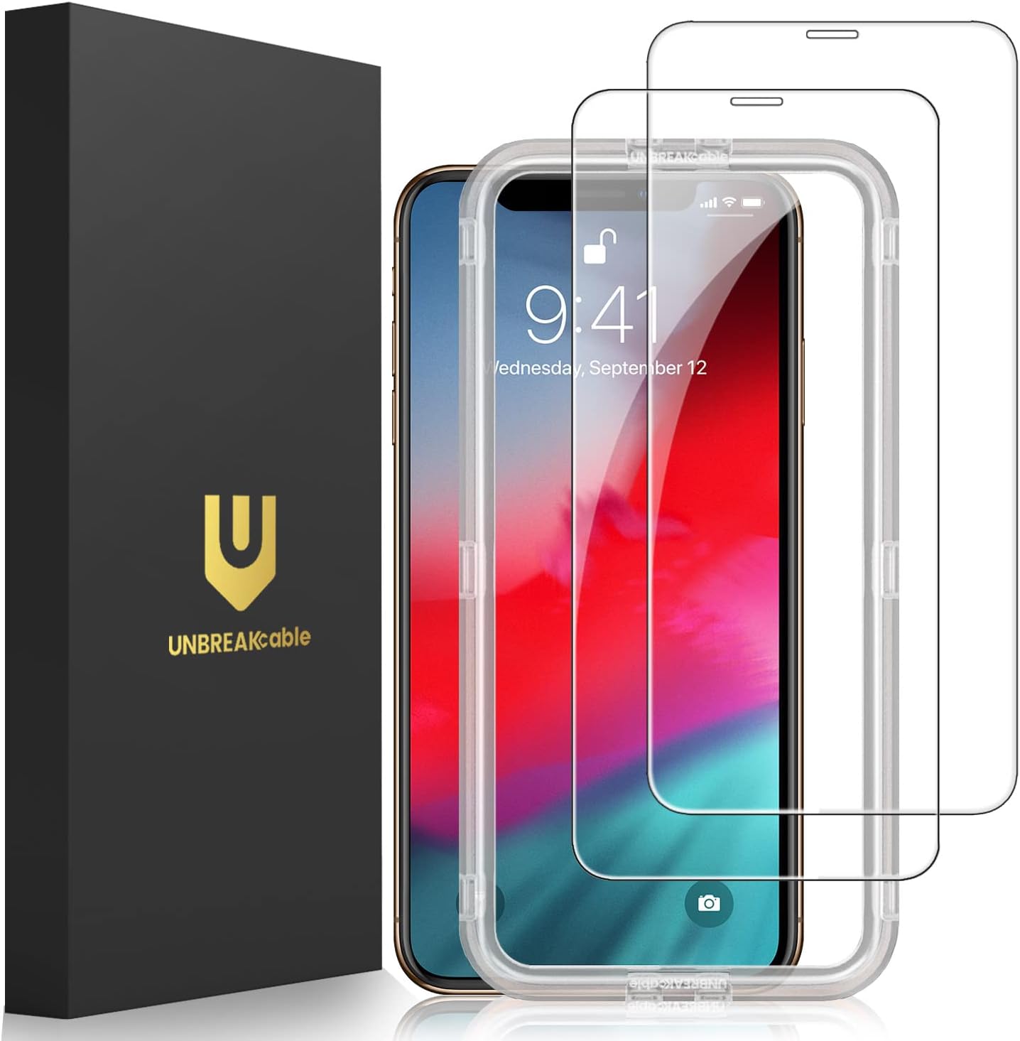 UNBREAKcable 2 Pack Screen Protector for iPhone 11 Pro/XS/S, Military-Grade Shatterproof Tempered Glass [9H+ Hardness] [Easy Installation Frame] [99.99% HD Clear] for Apple iPhone X/XS/11 Pro