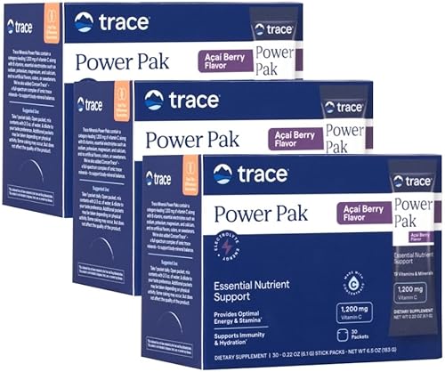 Trace Minerals Power Pak - Paquetes multivitamínicos y multiminerales - Soporte de electrolitos - 1200 mg de vitamina C más 70 sabor a bayas de acai