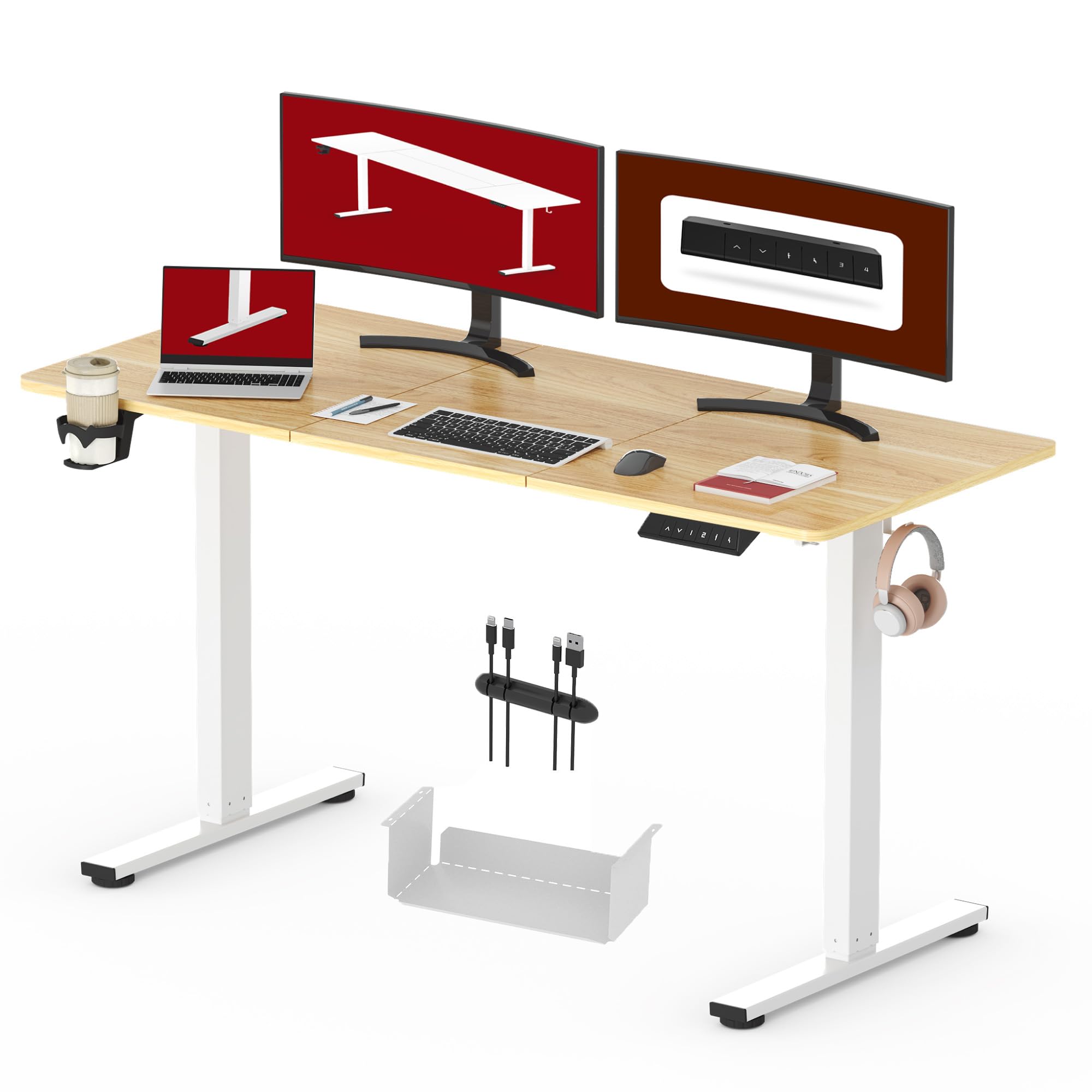 140 * 60 Electric Standing Desk Height Adjustable Desk with Cable Mangement Tray Sit Stand Table with 4 Memory Smart Pannel Cupholder and Hooks for Home Office