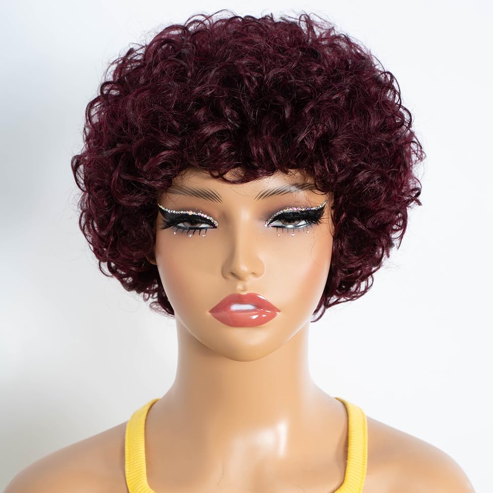 DÉBUT Short Curly Wig 100% Human Hair Wigs For Women Red Afro Curly Wig with Bangs Pixie Cut Wig Brazilian Remy Hair (8 inches, 99J)