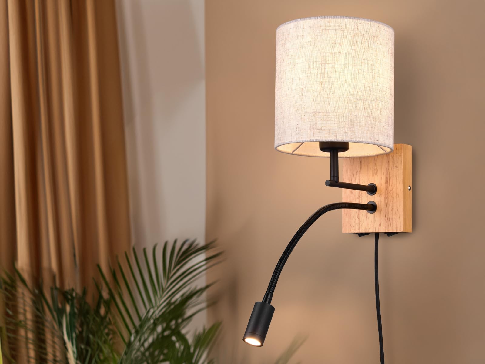 Wandleuchte mit Leselampe, Schalter, Kabel und Stecker, Stoff Lampenschirm rund Leinen Beige, Wandplatte Holz, Höhe 30cm inkl. stufenweise dimmbarem E27 Leuchtmittel, Design skandinavisch