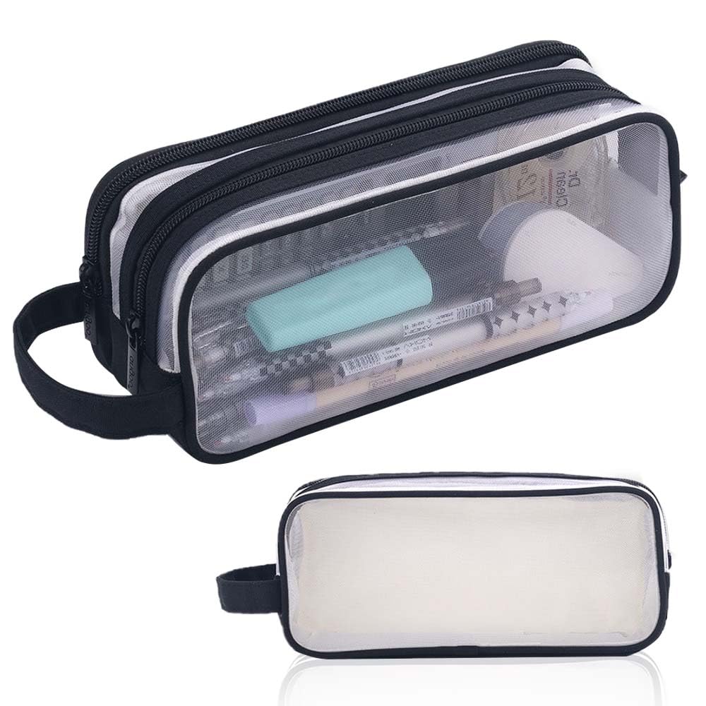 Clear Pencil Case Large, Clear Mesh Pencil Case Pouch, 2 Compartment Pen Bag Clears Multifunction Pencils Pouch Transparent Makeup Bag for Teen Student College Business Travel Office Adult (Black)