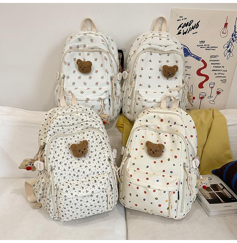 Cute Floral Backpack with Bear Pendant Floral, Coquette Nylon Backpack, Preppy Kawaii Daypack for Travel (Blue)3