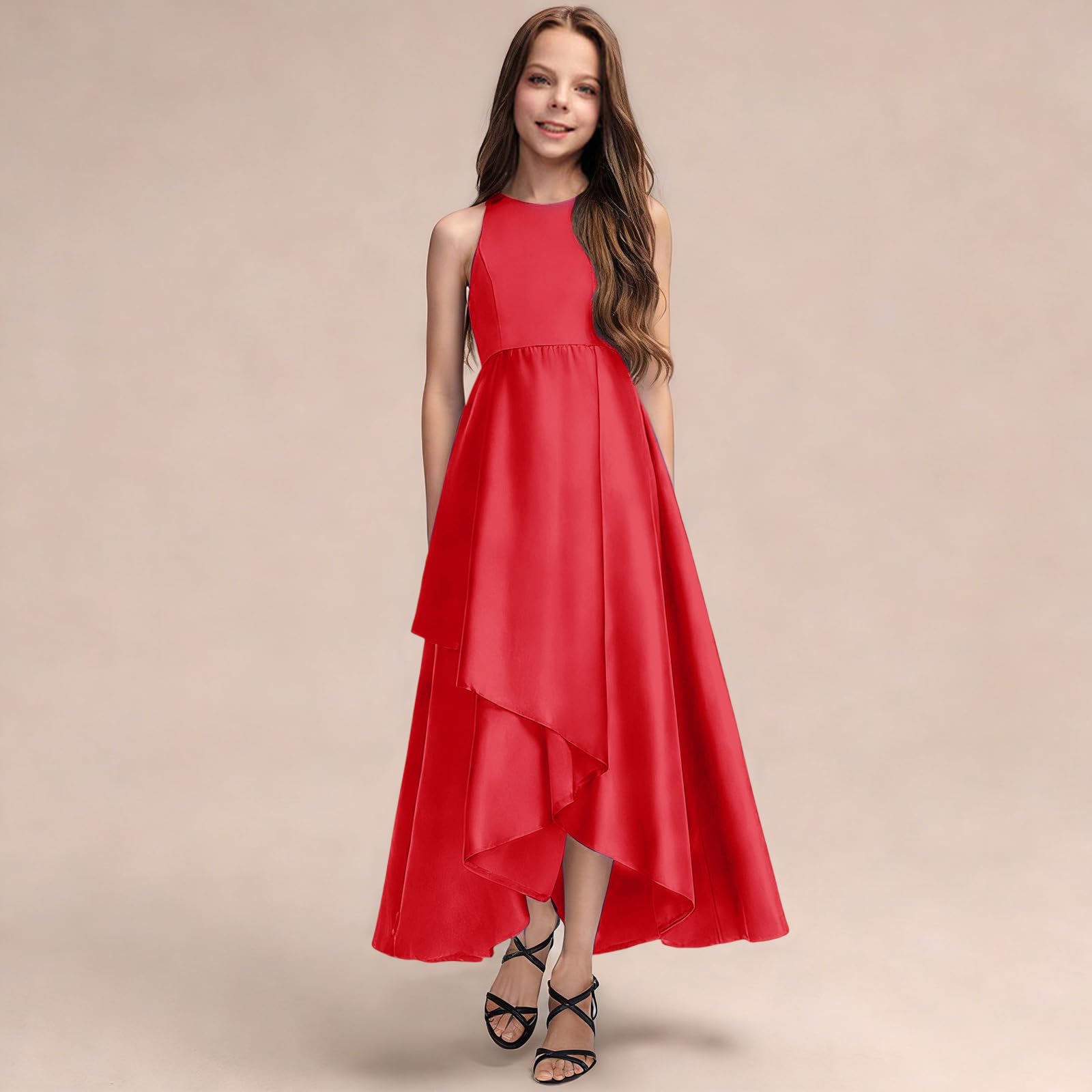 Ärmellos Rüschen Rückenfreies Satin Kleid Mädchen A-Linie Elegant Abendkleid Festlich Hochzeitskleid Mode Blumenmädchenkleider Sommer Prinzessin Kleid Lässig Brautjungfer Sundress