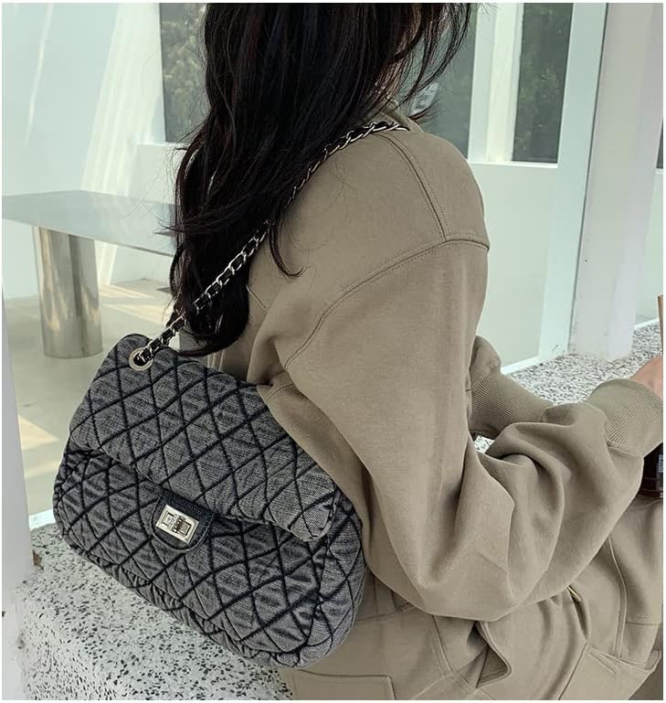 Women's Grey Casual Diamond Checker Denim Retro Fashion One Shoulder Handbag - Image 6