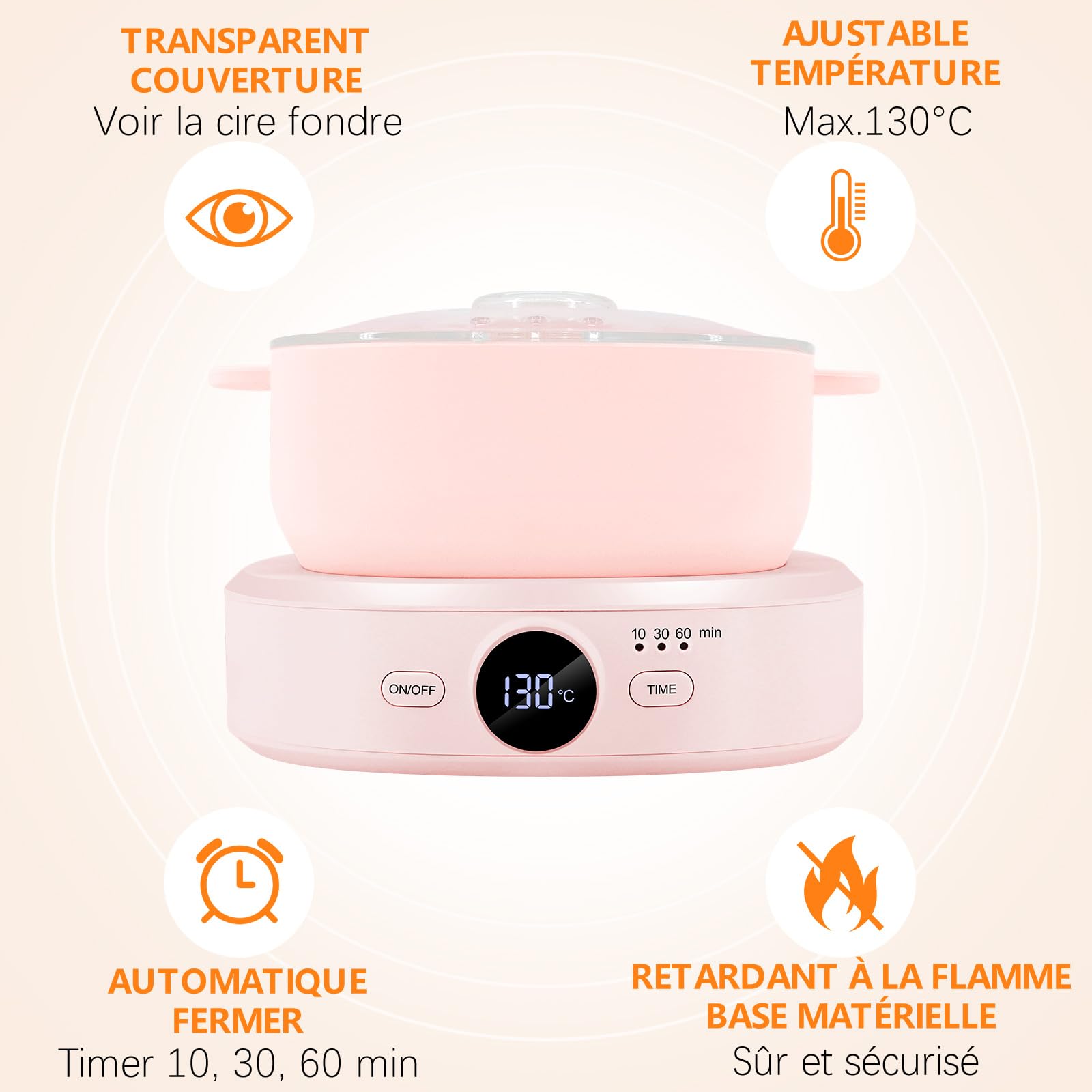 Riscaldatore per cera, depilazione professionale, temperatura regolabile, macchina per cera, depilazione, dispositivo per cera, con temporizzatore, per tutte le perle di cera calda (rosa)