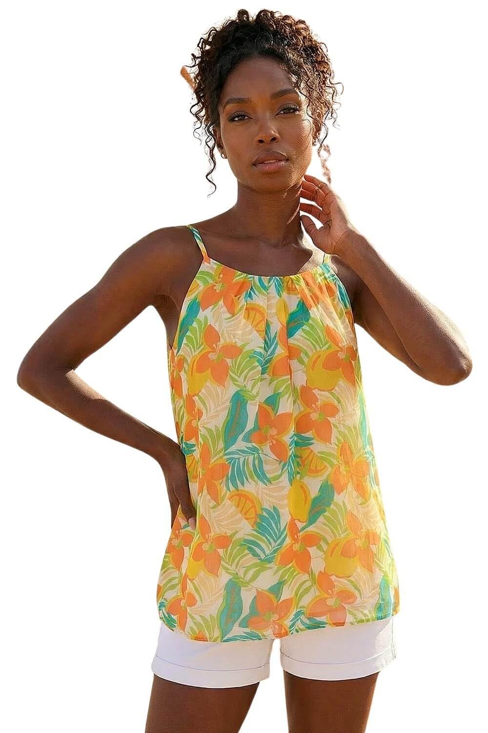 Roman Originals Women's Orange Floral Print Chiffon Cami Top For Uk - Everyday Holiday Spring Summer Round Neckline Comfy Soft Evening Vacation Work Party