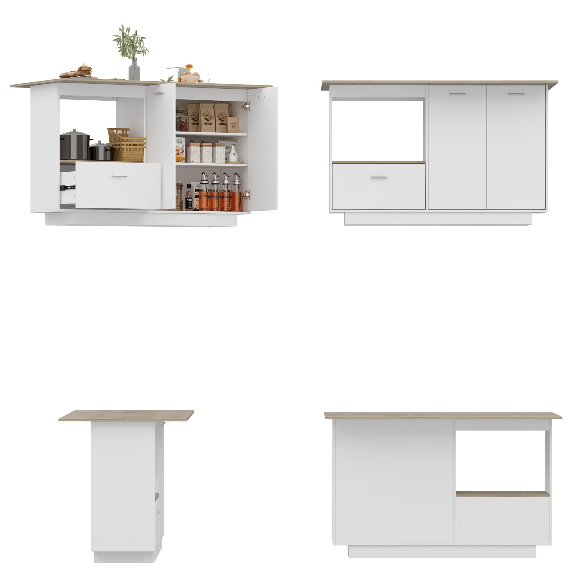 Caldion Central Îlot de Cuisine Buffet Salles à Manger avec Plan de Travail Pliable Meuble de Cuisine avec Plan de Travail Armoire de Cuisine avec tiroirs 150x40x93cm Bois&Blanc