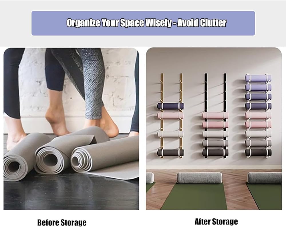 Estante de almacenamiento de pared para esterilla de yoga, organizador de pared para accesorios de fitness en el hogar, ideal para correas de yoga, alfombrillas de pilates y rodillos de espuma