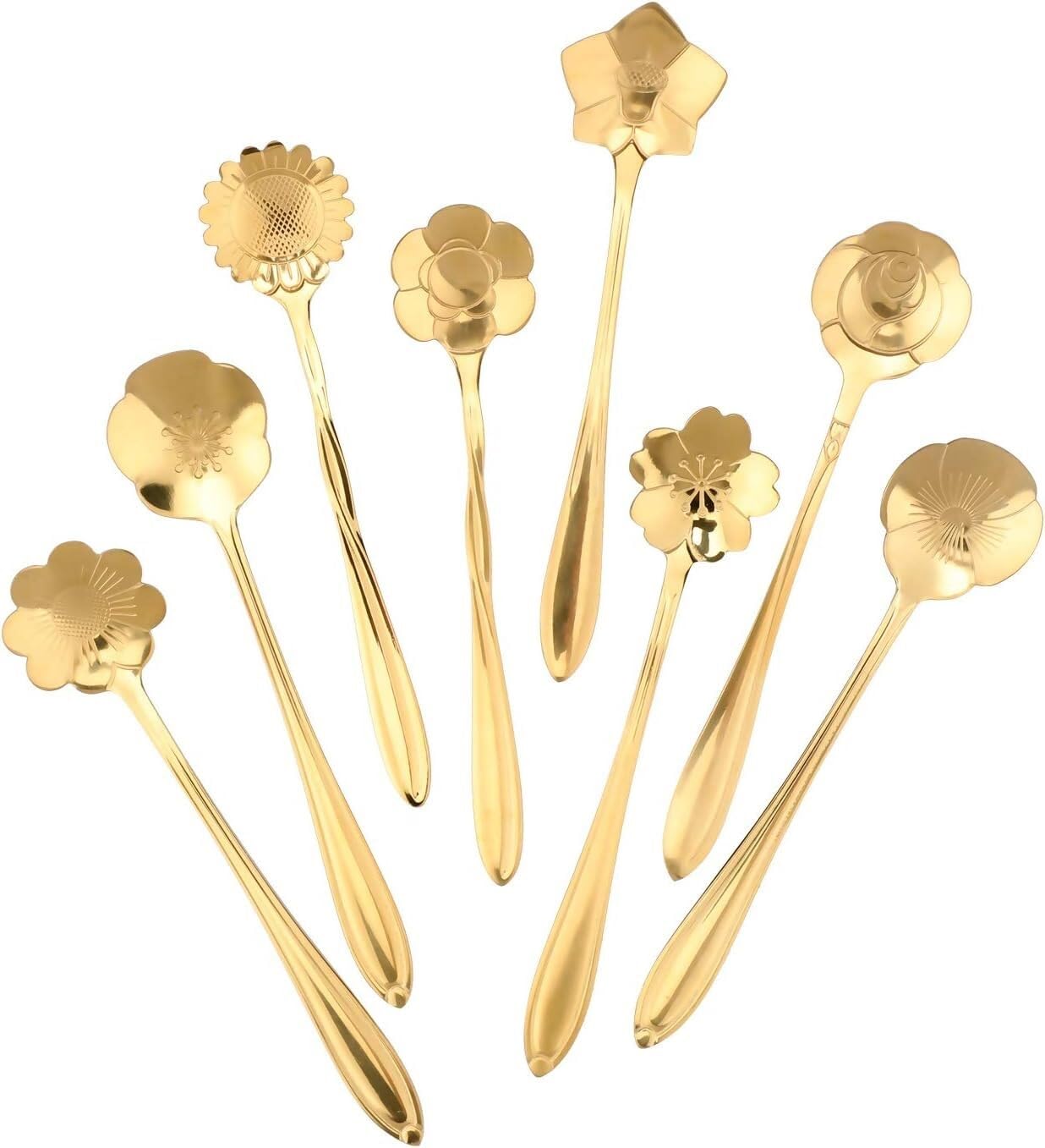 Cuchara de té, Cuchara de Postre, Juego de cucharas de Flores, cucharadita de Acero Inoxidable, cucharas de Mezcla Coloridas, 8 cucharas de Patrones Diferentes for café, Espresso, Dorado