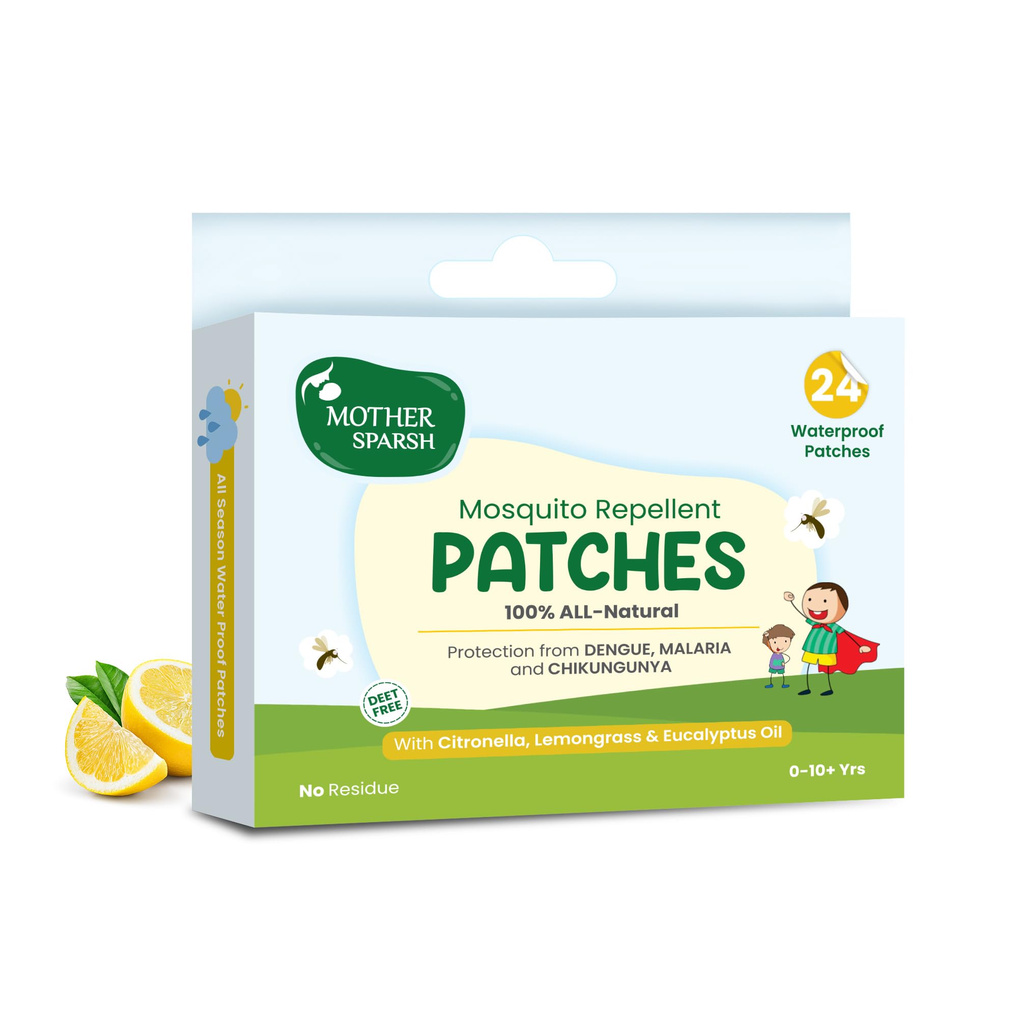 Mother Sparsh 100% All Natural Mosquito Repellent Patches for Babies with 12hr. Protection | With Citronella, Lemongrass & Eucalyptus Oil Protects from Dengue, Malaria, Chikunguniya (24 Patches)