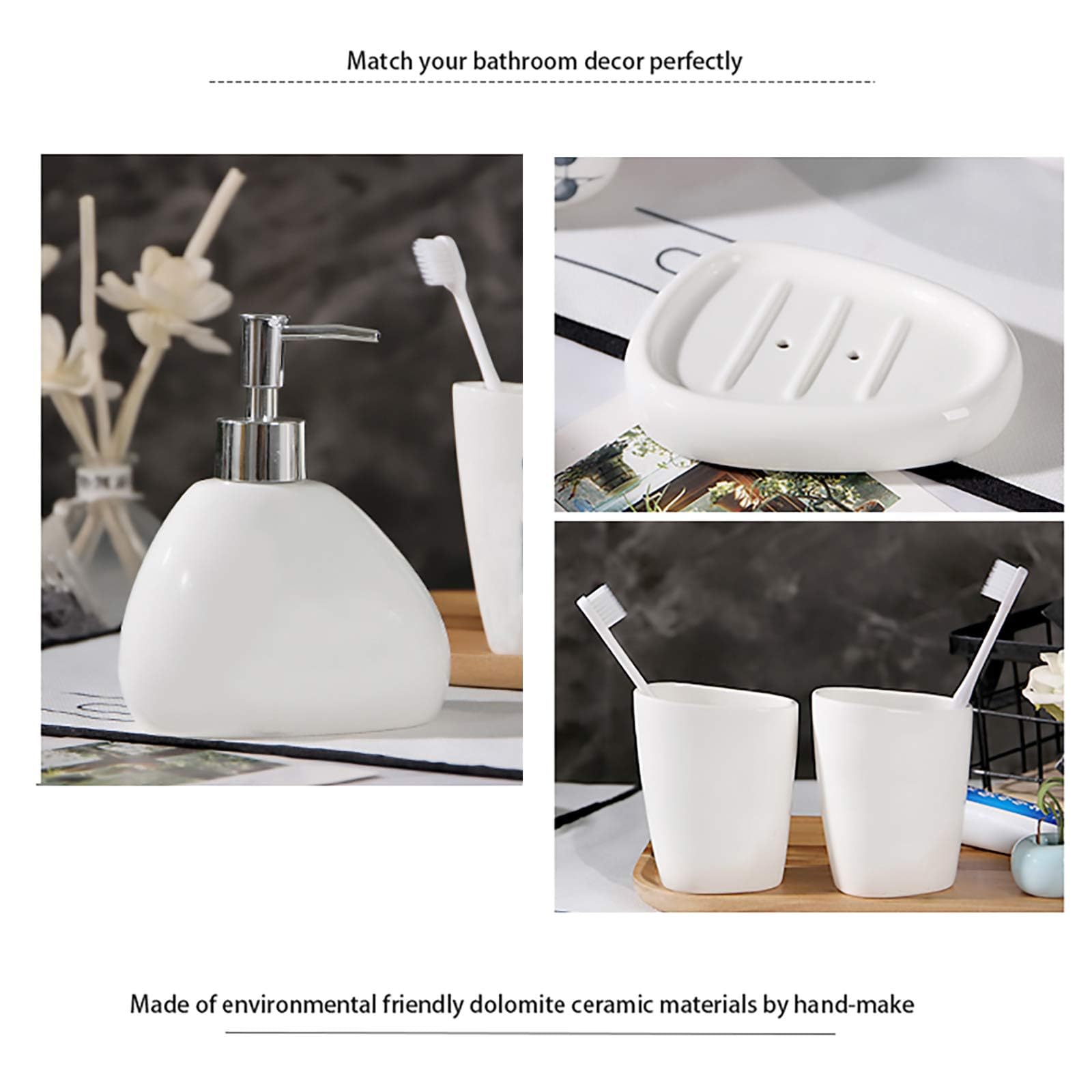 Set di 5 accessori da bagno in ceramica moderna bianca, include dispenser di sapone, portaspazzolino, 2 bicchieri, portasapone