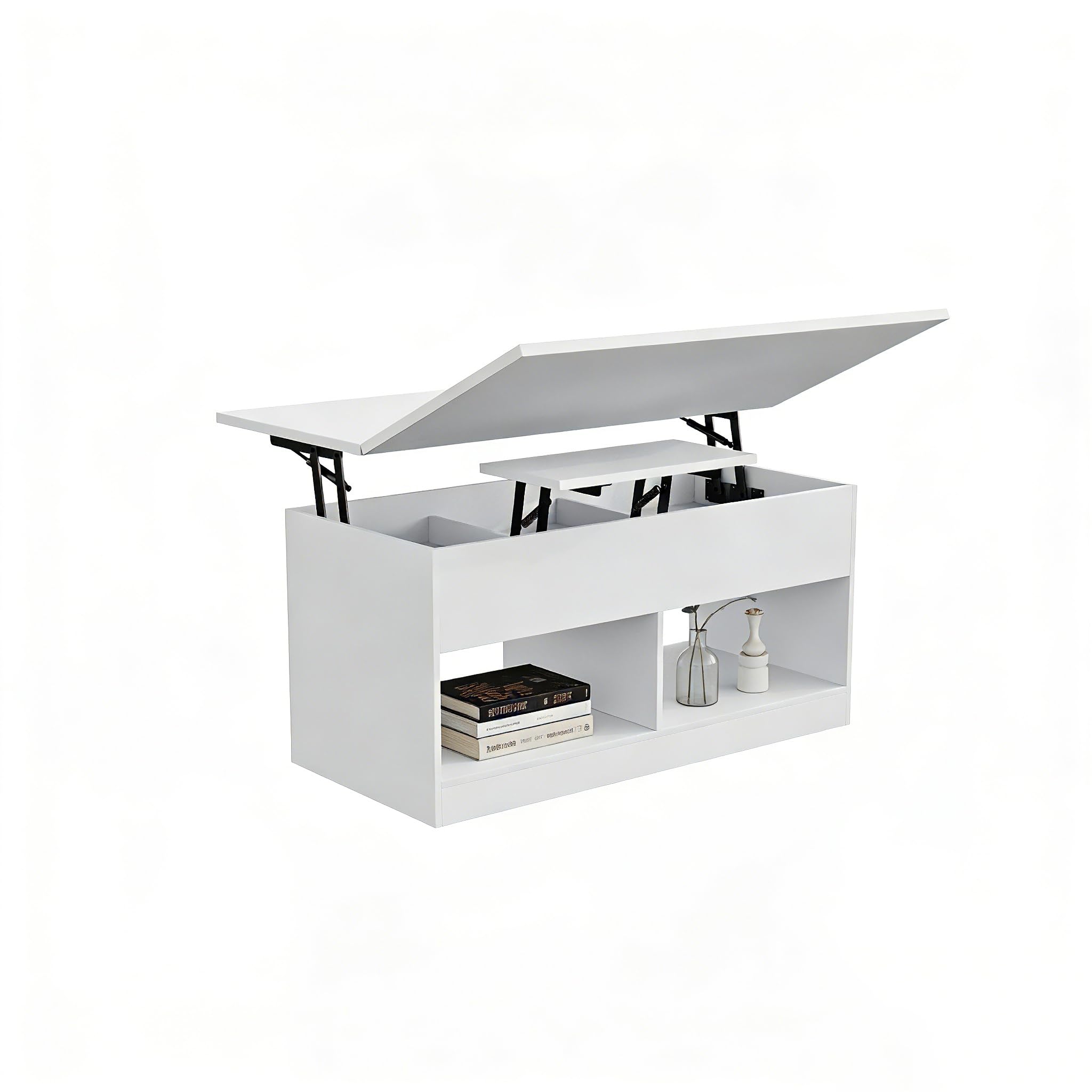 Mesa de café, mesa de salón ajustable en altura, mesa de café con placa elevadora, 2 compartimentos abiertos y almacenamiento oculto, mesa auxiliar rectangular para sofá, puede convertirse en