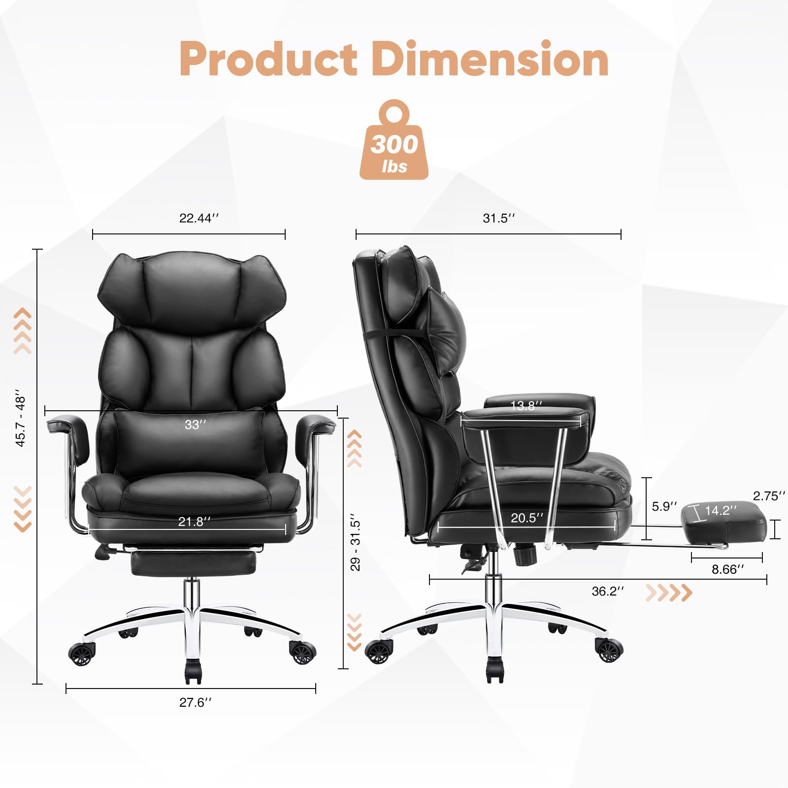 Sweetcrispy Chefsessel für Heimbüro, ergonomisch, groß, hohe Rückenlehne, mit Fußstütze und Lendenwirbelstütze, höhenverstellbar, bequemes PU-Leder, Computer-Gaming mit drehbaren Rädern, Schwarz
