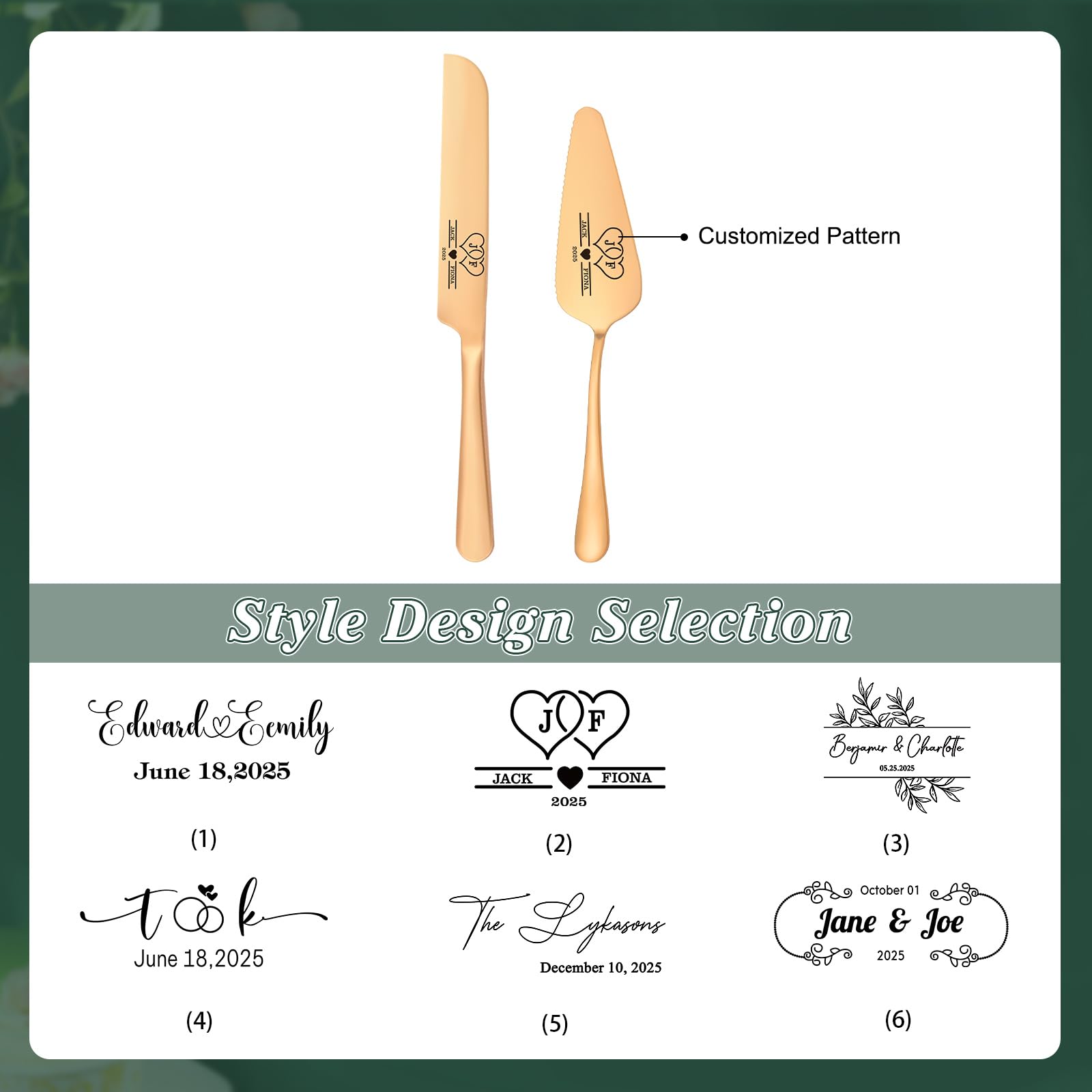 GleefulGem Personalized Wedding Cake Knife & Server Set, Custom Names Cake Cutting Set for Wedding Mr Mrs Gifts, Anniversary Birthday Wedding Registry Bridal Gifts (Rose Gold)