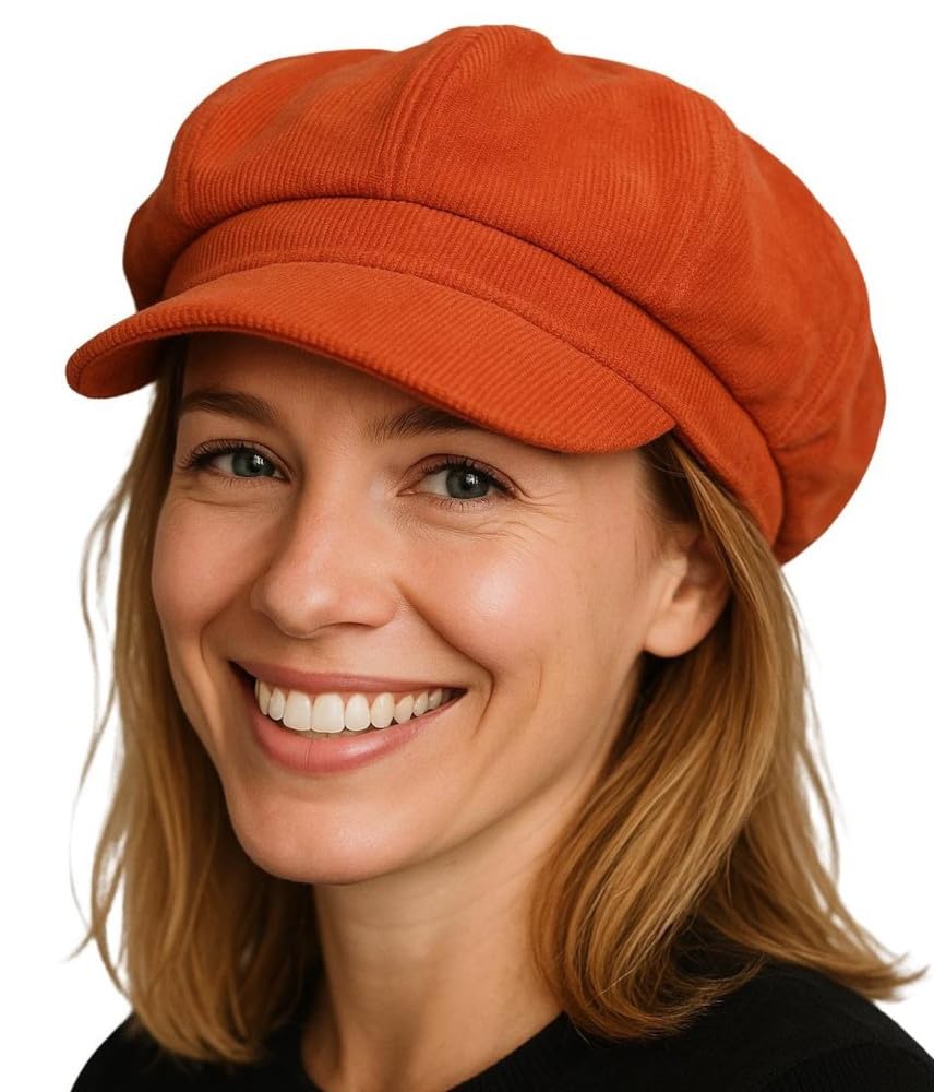 Cool4 Girls Orange Feincord Balloon Hat Cord Bakerboy Hat Chemo Cap Visor Vintage A05, 7