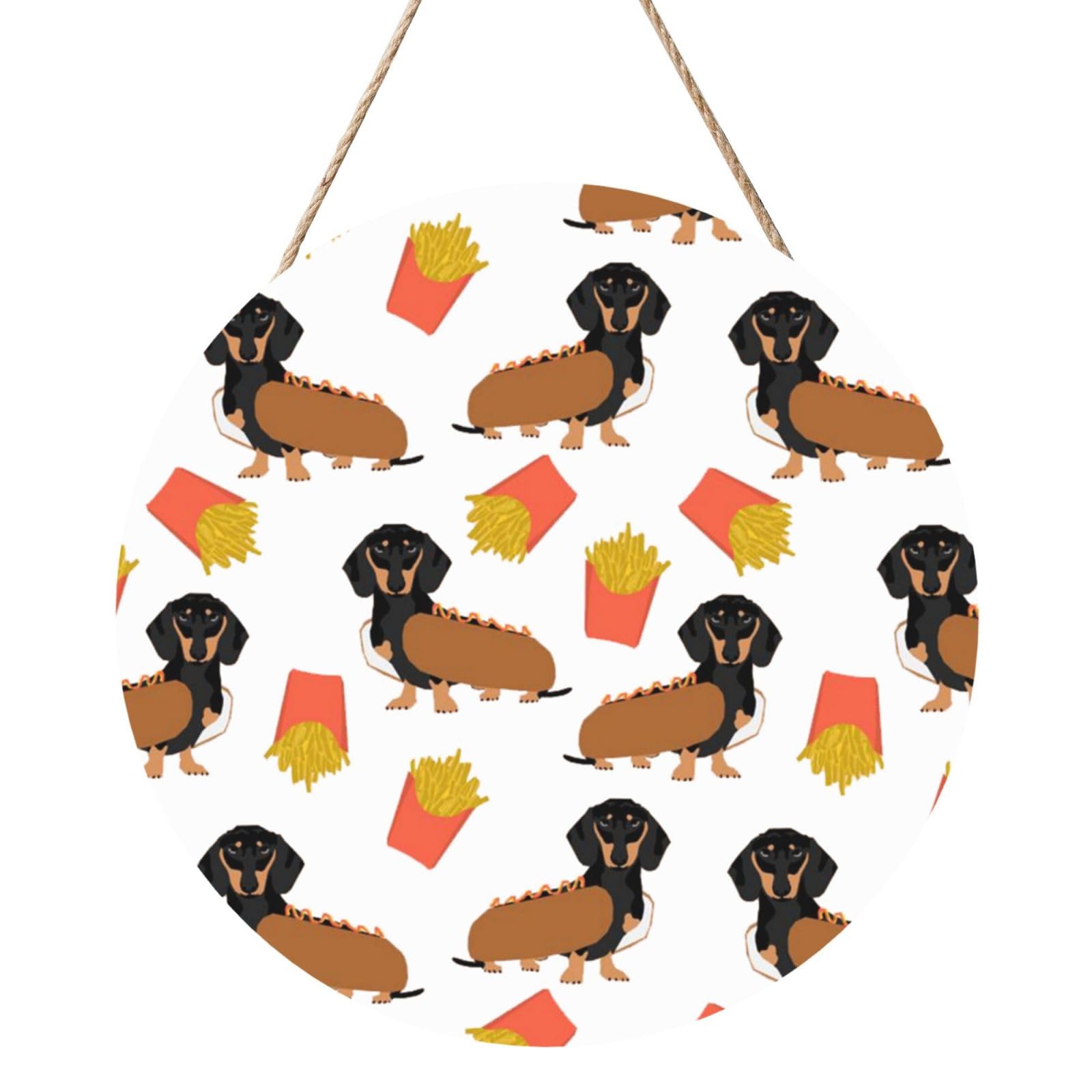 InOmak Dachshund Hot Dog And Fries Cute Funny Food, Round Wood Panel Painting 12 in, Wall Hanging Painting For Home