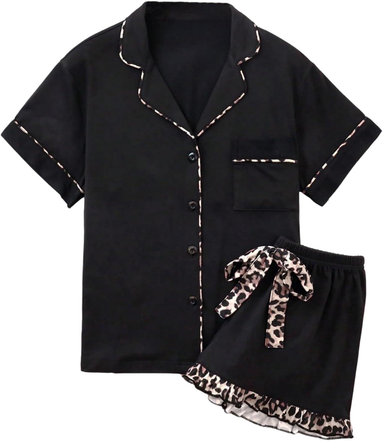 Verdusa Women's 2 Piece Cheetah Print Cute Pjs Pajama Set Button Down Lightweight Pajamas Ruffle Shorts Lounge Sets