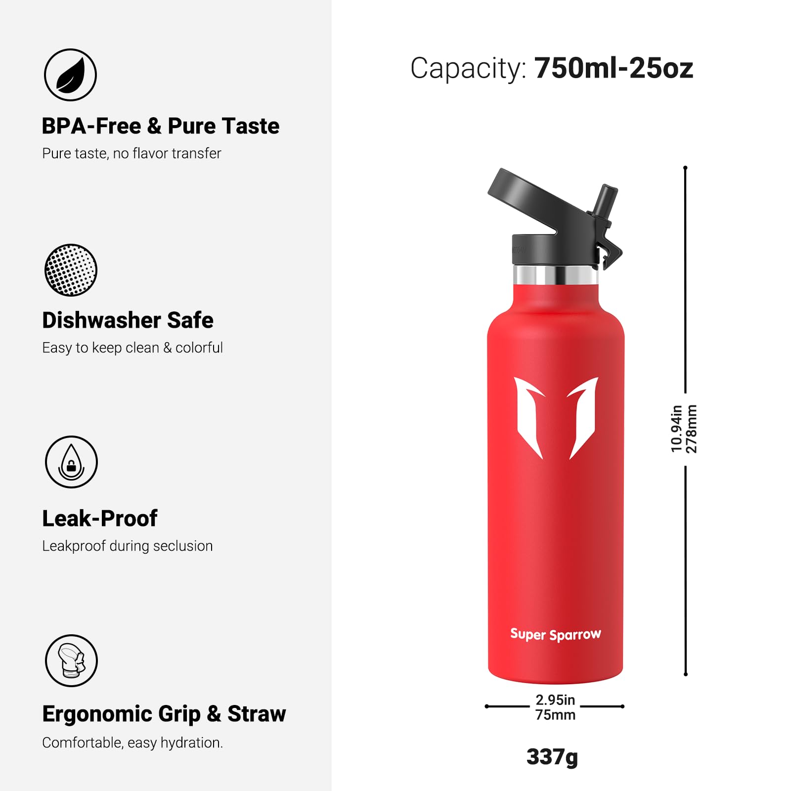 Super Sparrow Borraccia Termica, Acciaio Inox Bottiglia Termica - 350ml, 500ml, 750ml, 1L - Senza BPA Borracce, Borraccia Bambini per Scuola, Sport, Campeggio, Yoga, Palestra, Ciclismo