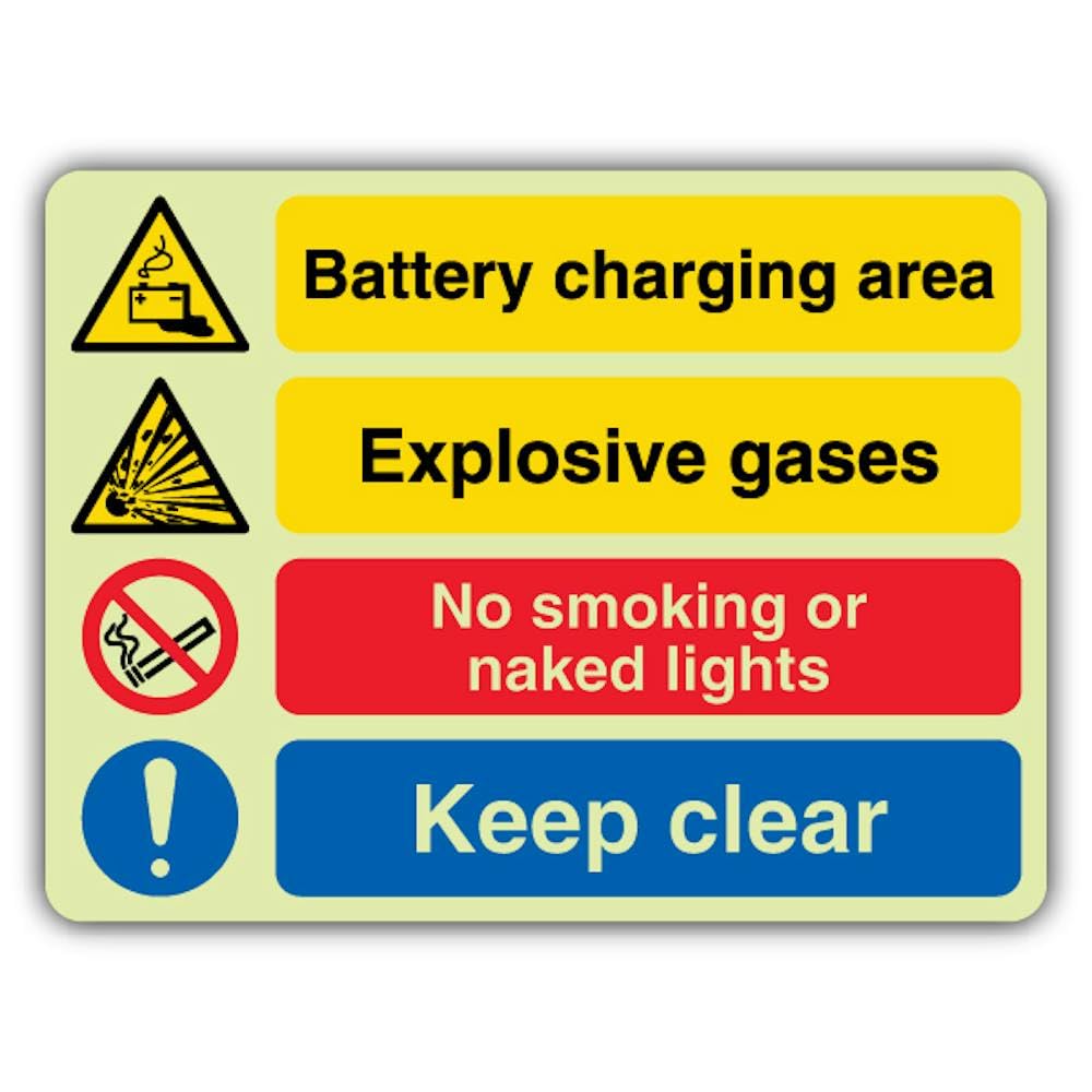V Safety Glow In The Dark - Área de carga de batería – Gases explosivos – No fumar – Señal «Keep Clear» – 600 x 450 mm – Hecho de vinilo autoadhesivo de doble brillo – Señalización de advertencia de